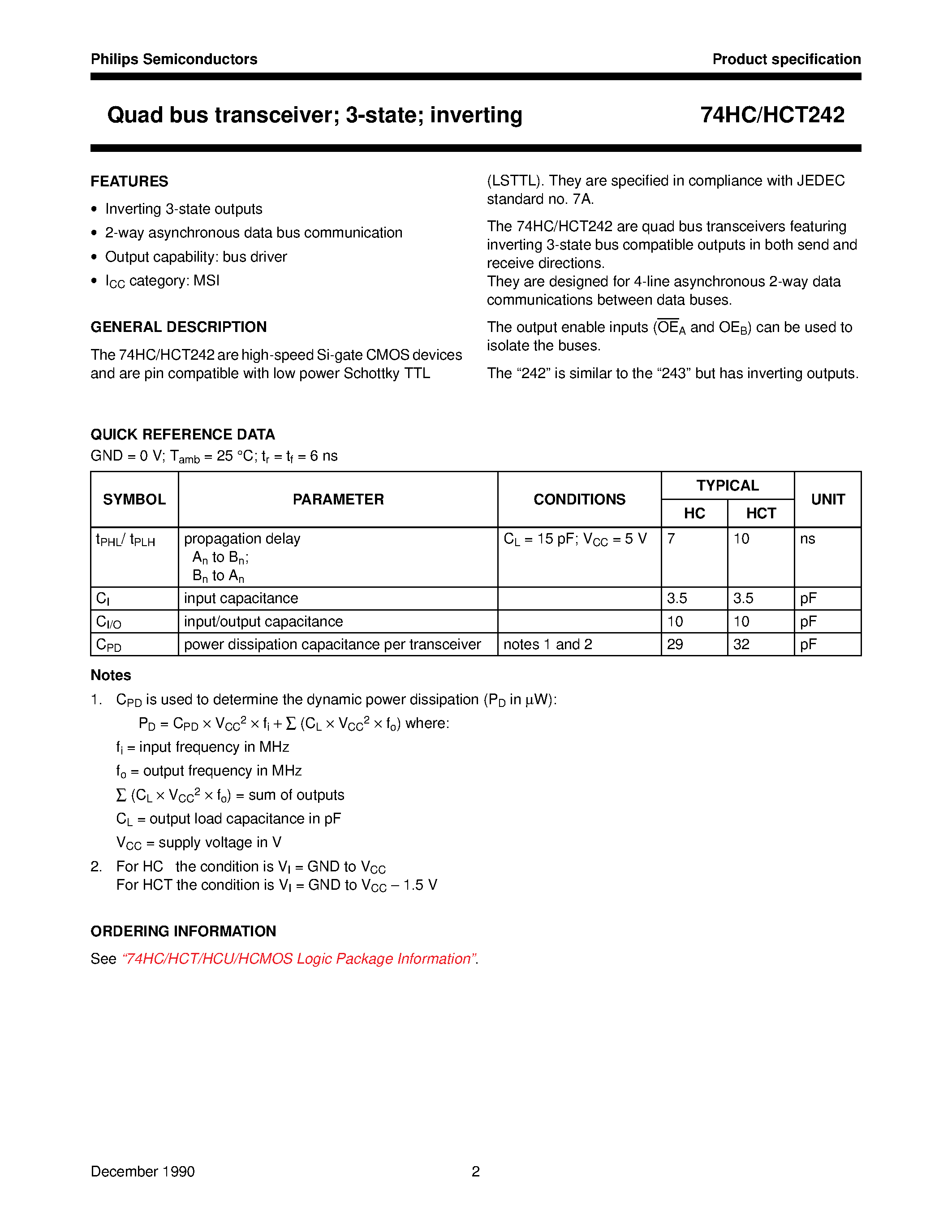 Datasheet 74HCT242 - Quad bus transceiver; 3-state; inverting page 2