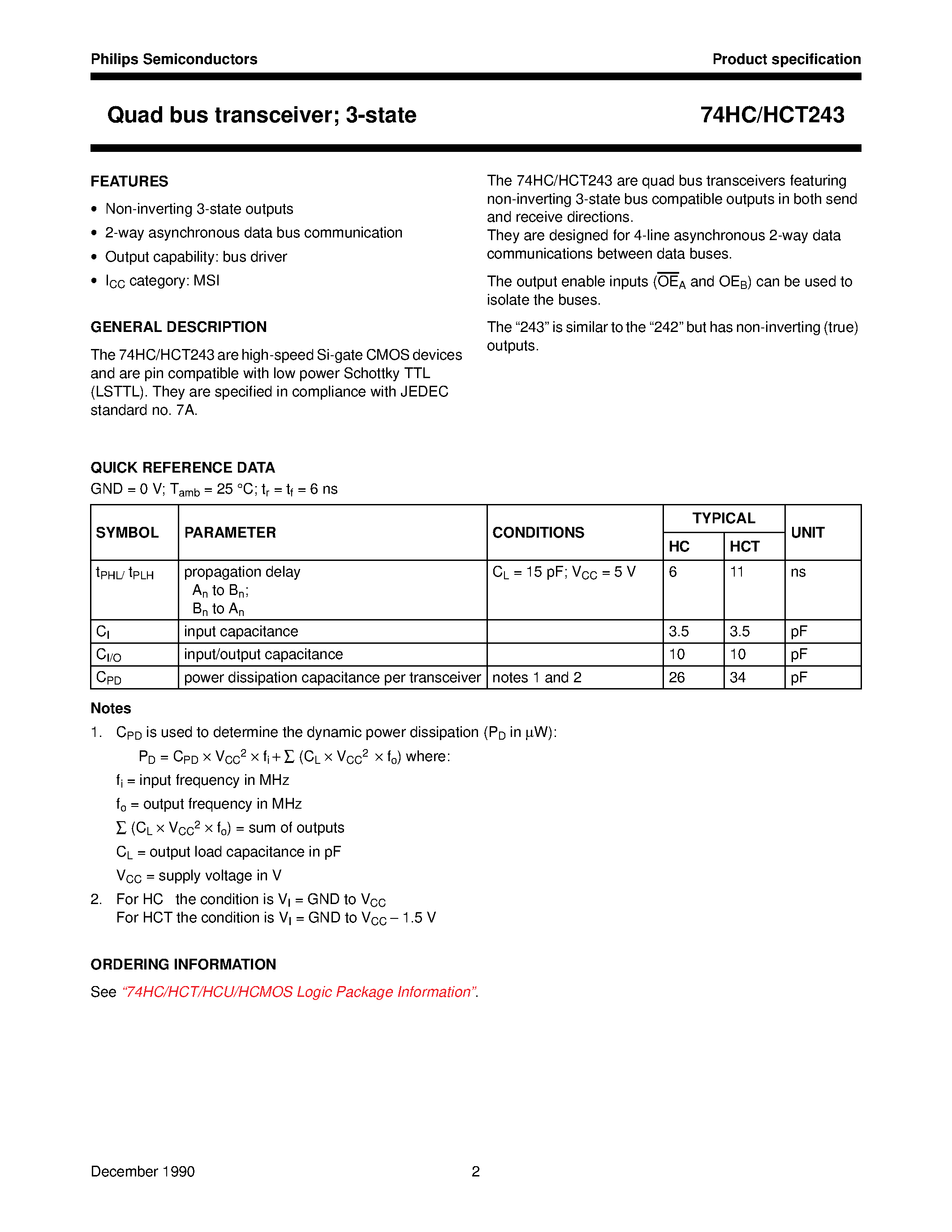 Datasheet 74HCT243 - Quad bus transceiver; 3-state page 2