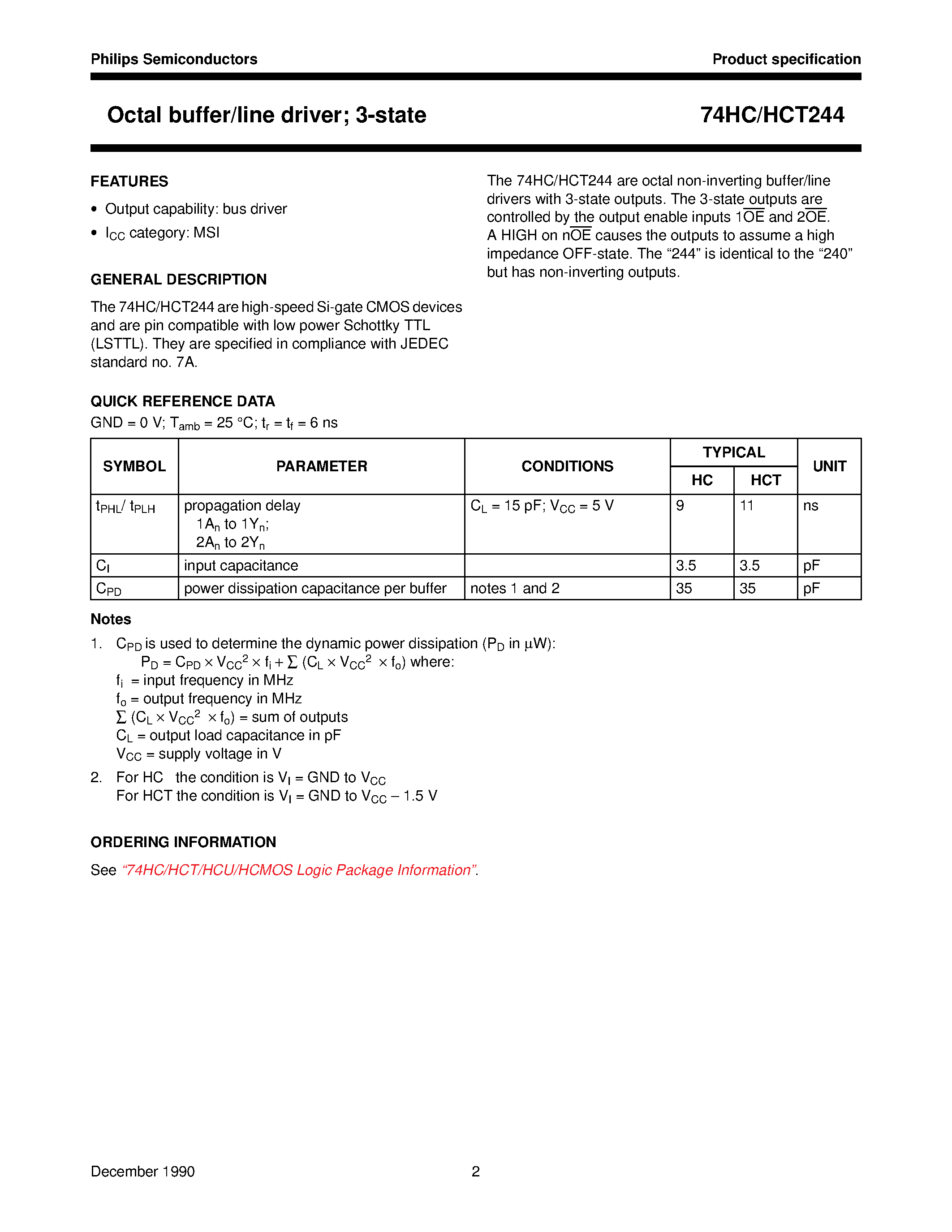 Datasheet 74HCT244 - Octal buffer/line driver; 3-state page 2