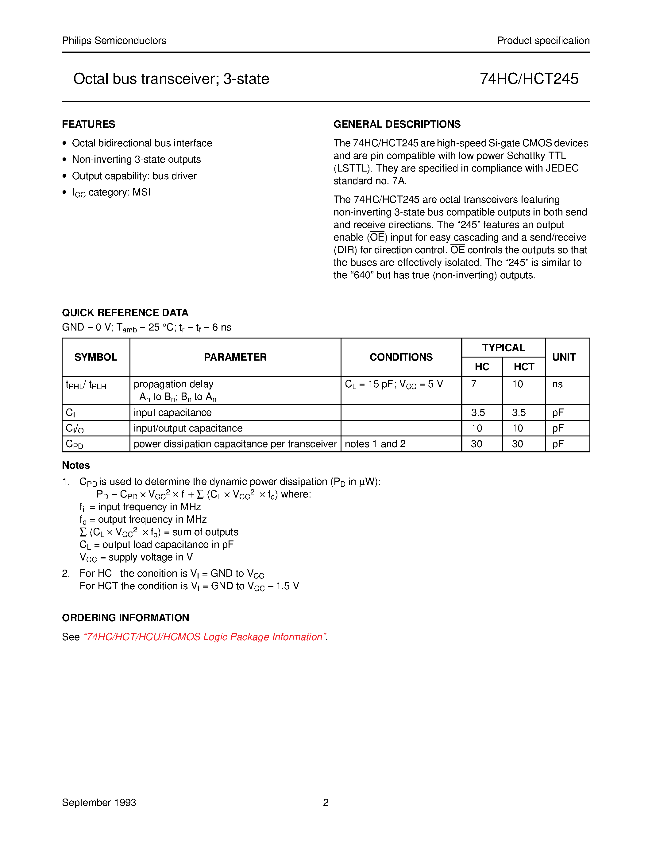 Datasheet 74HCT245 - Octal bus transceiver; 3-state page 2