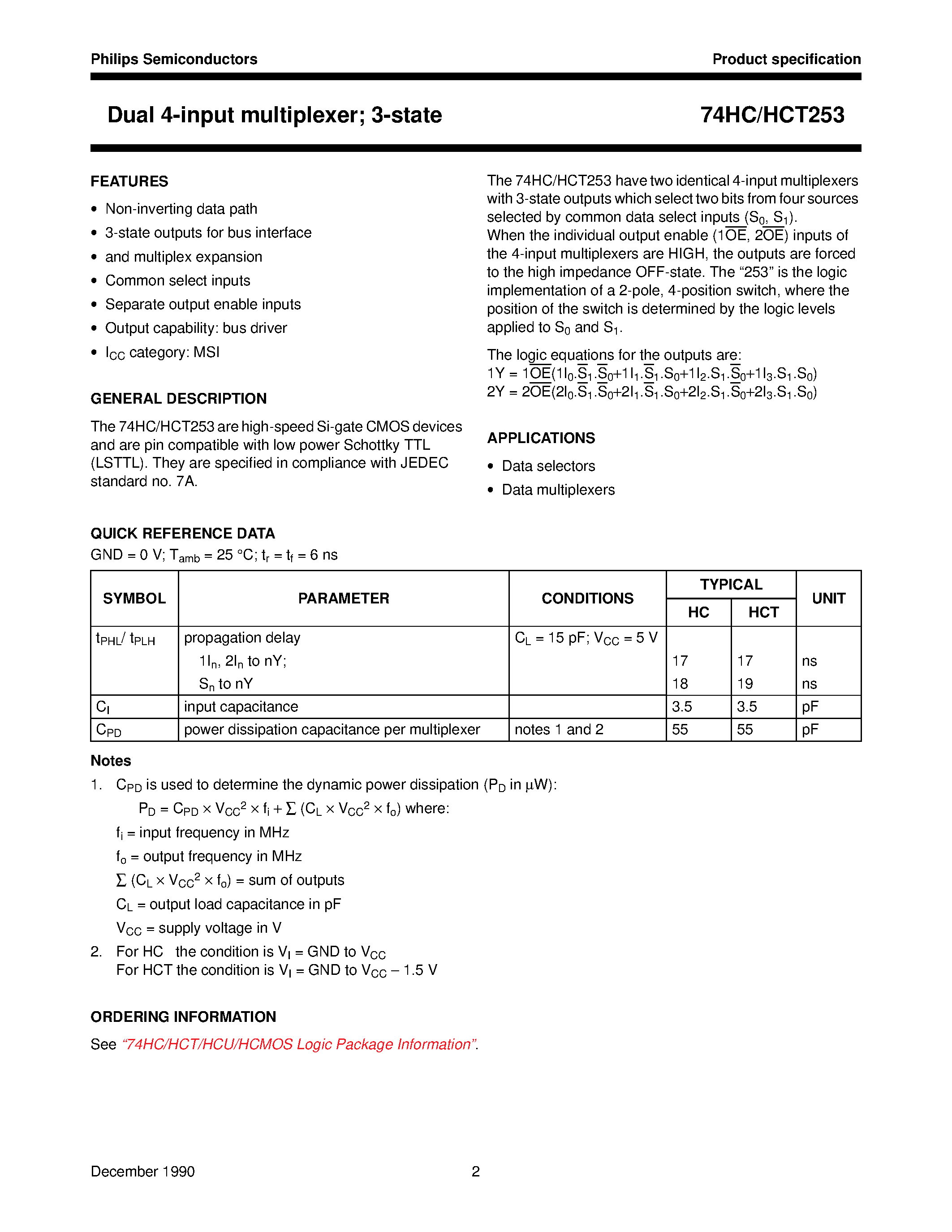 Datasheet 74HCT253 - Dual 4-input multiplexer; 3-state page 2