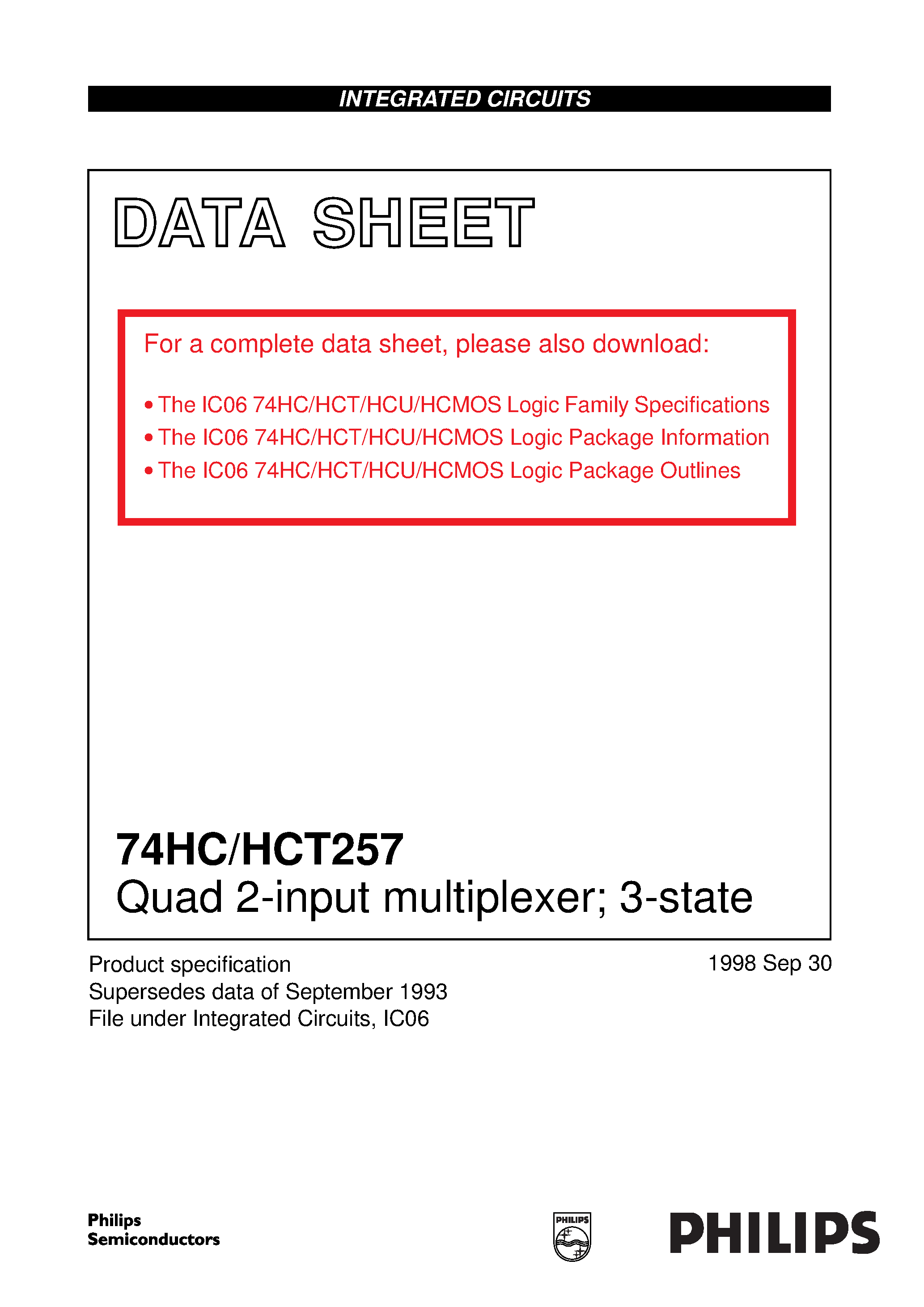 Datasheet 74HCT257D - Quad 2-input multiplexer 3-state page 1