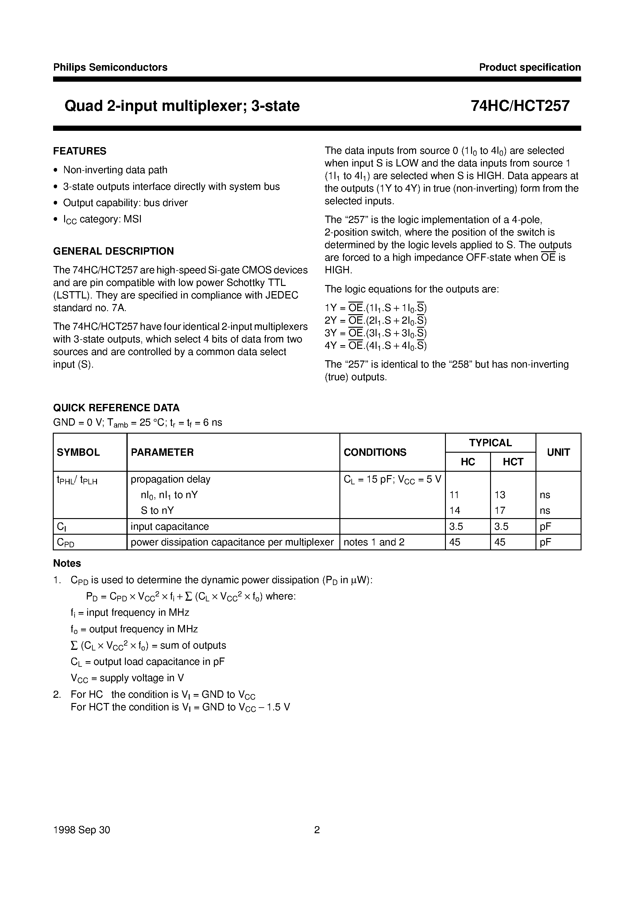 Datasheet 74HCT257D - Quad 2-input multiplexer 3-state page 2