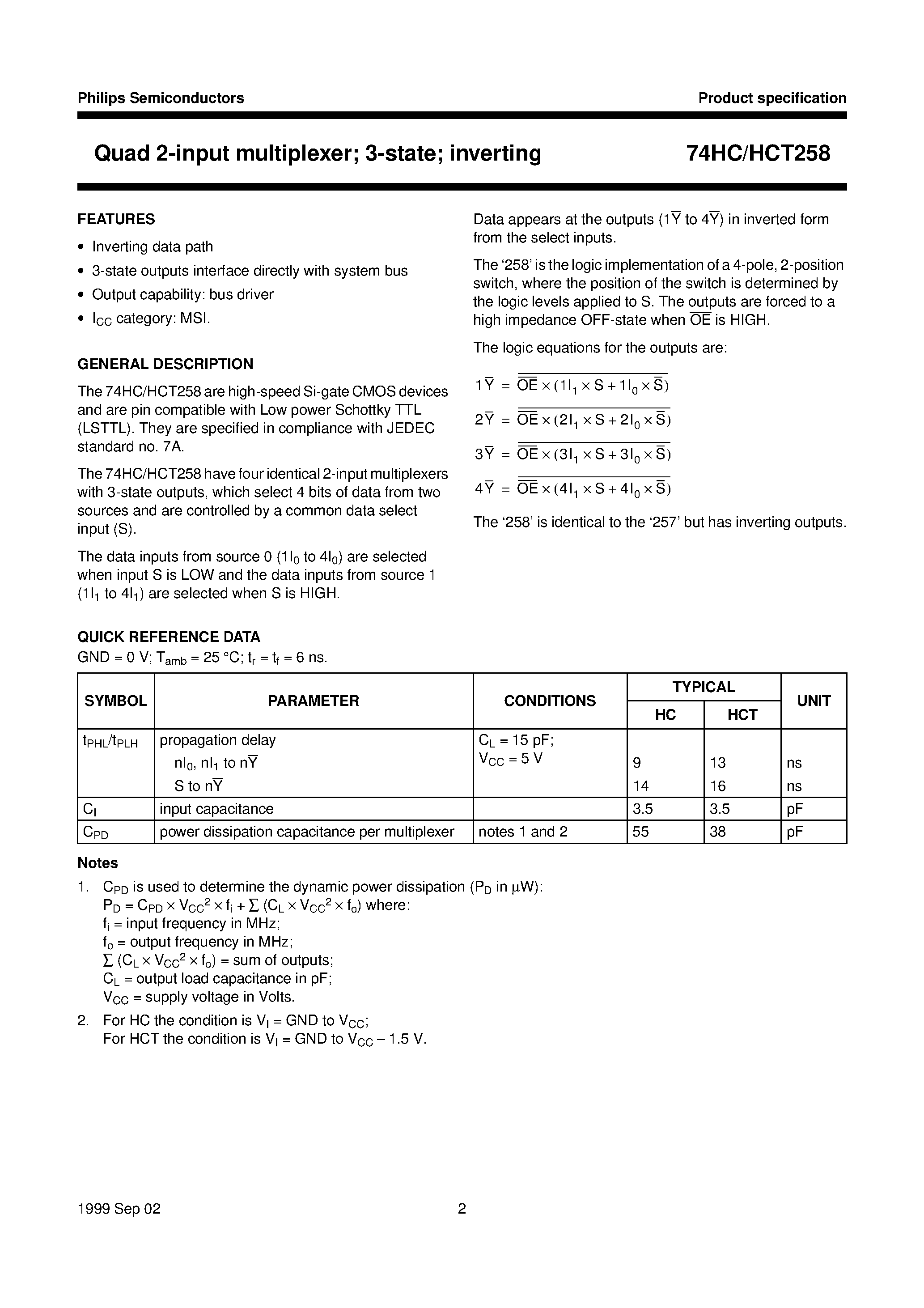 Datasheet 74HCT258 - Quad 2-input multiplexer; 3-state; inverting page 2