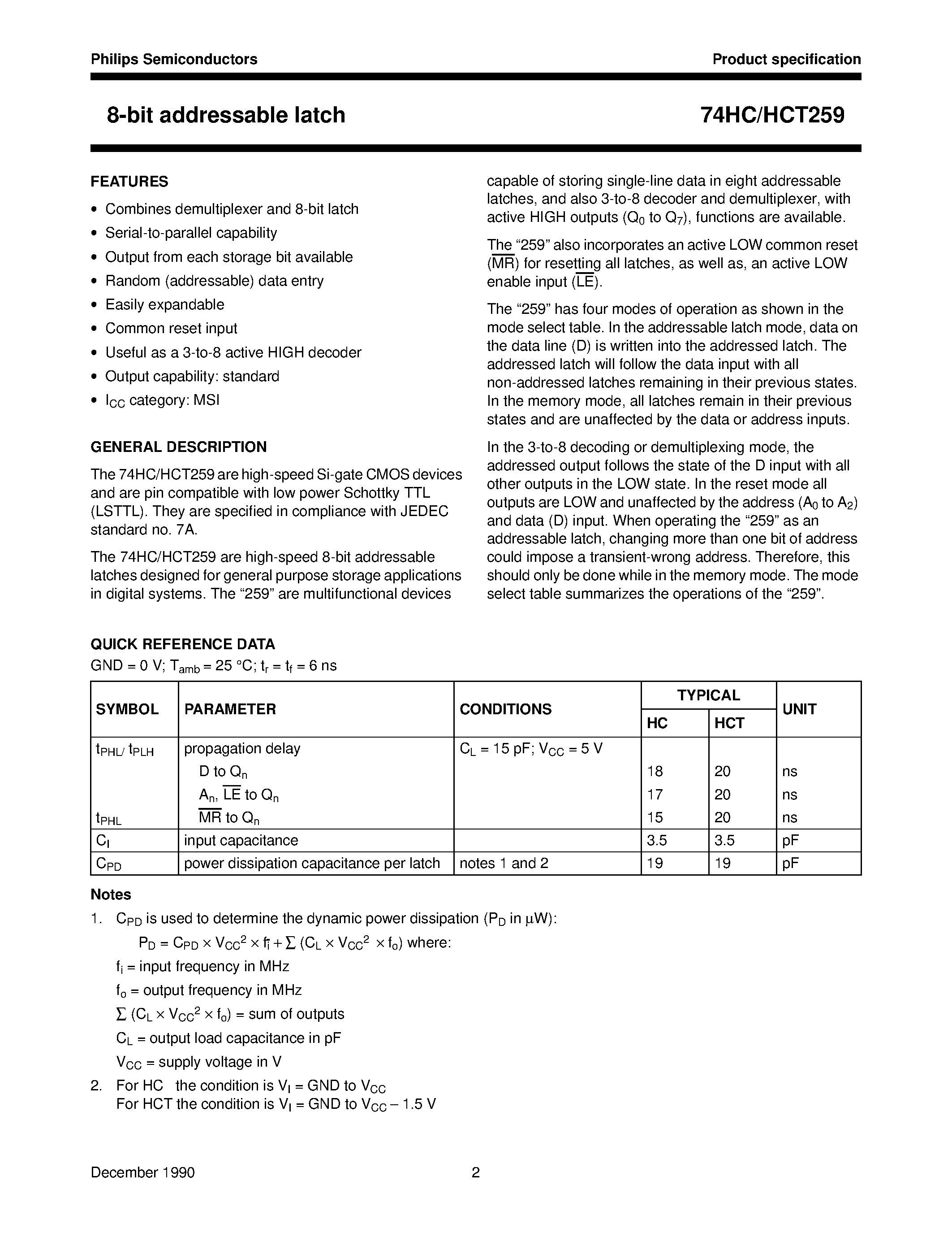 Datasheet 74HCT259 - 8-bit addressable latch page 2