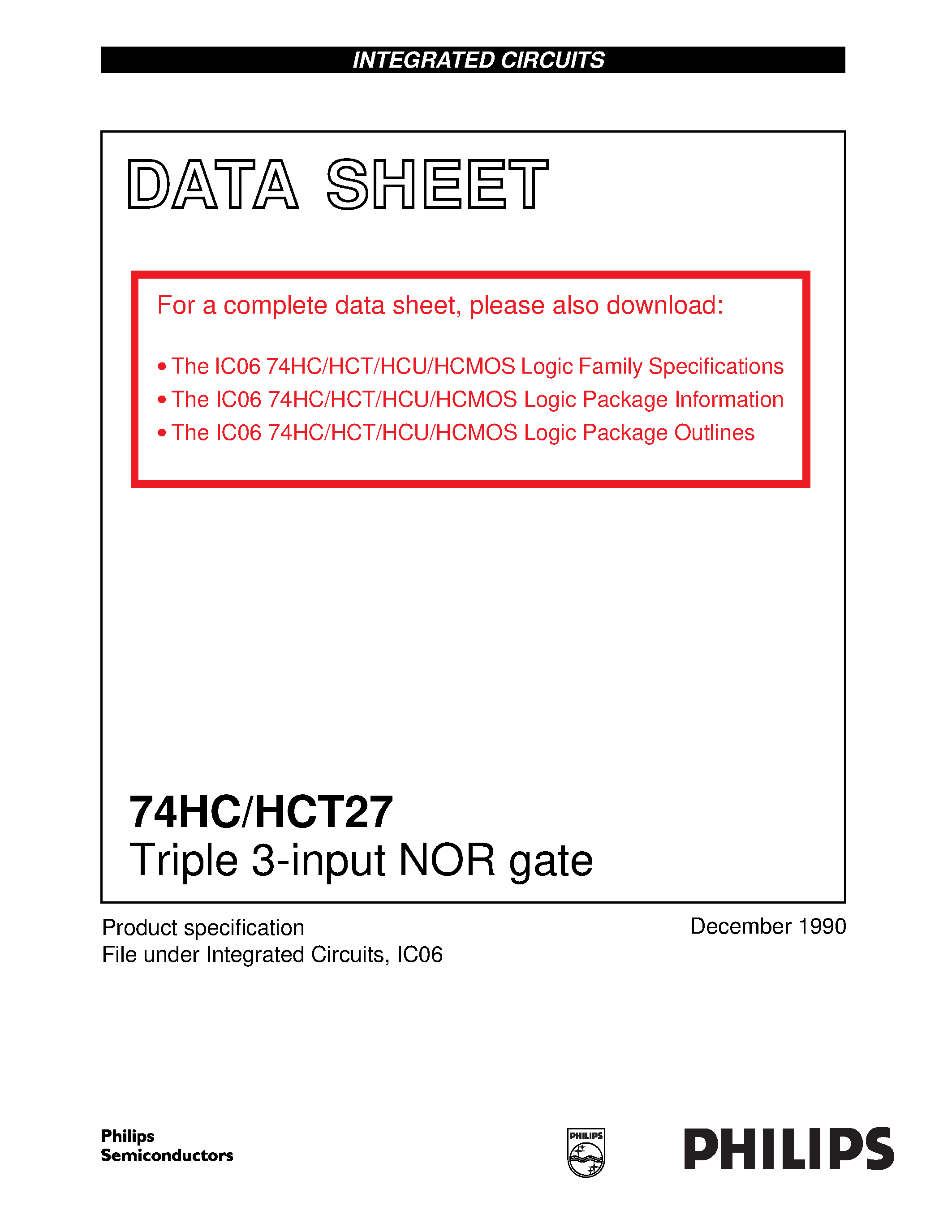 Datasheet 74HCT27 - Triple 3-input NOR gate page 1