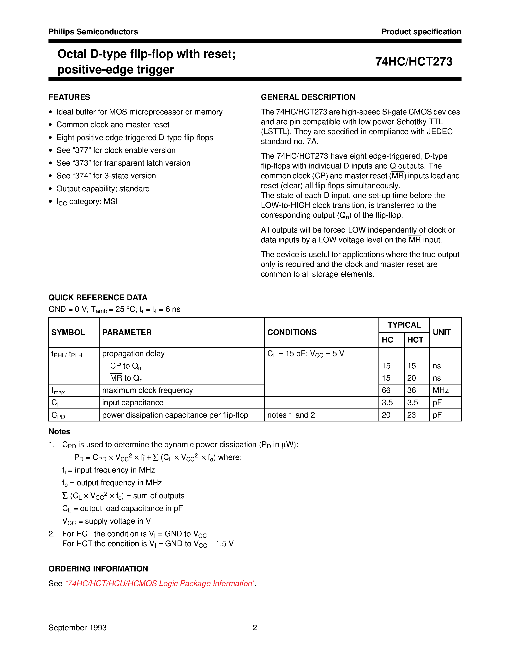 Datasheet 74HCT273 - Octal D-type flip-flop with reset; positive-edge trigger page 2