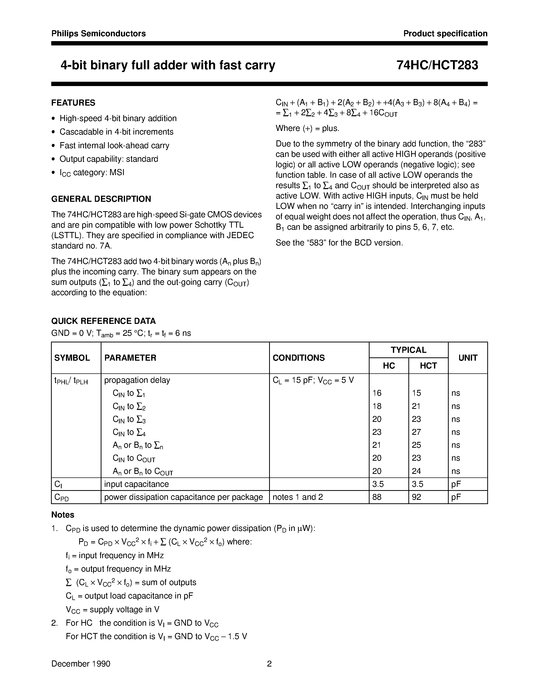 Datasheet 74HCT283 - 4-bit binary full adder with fast carry page 2