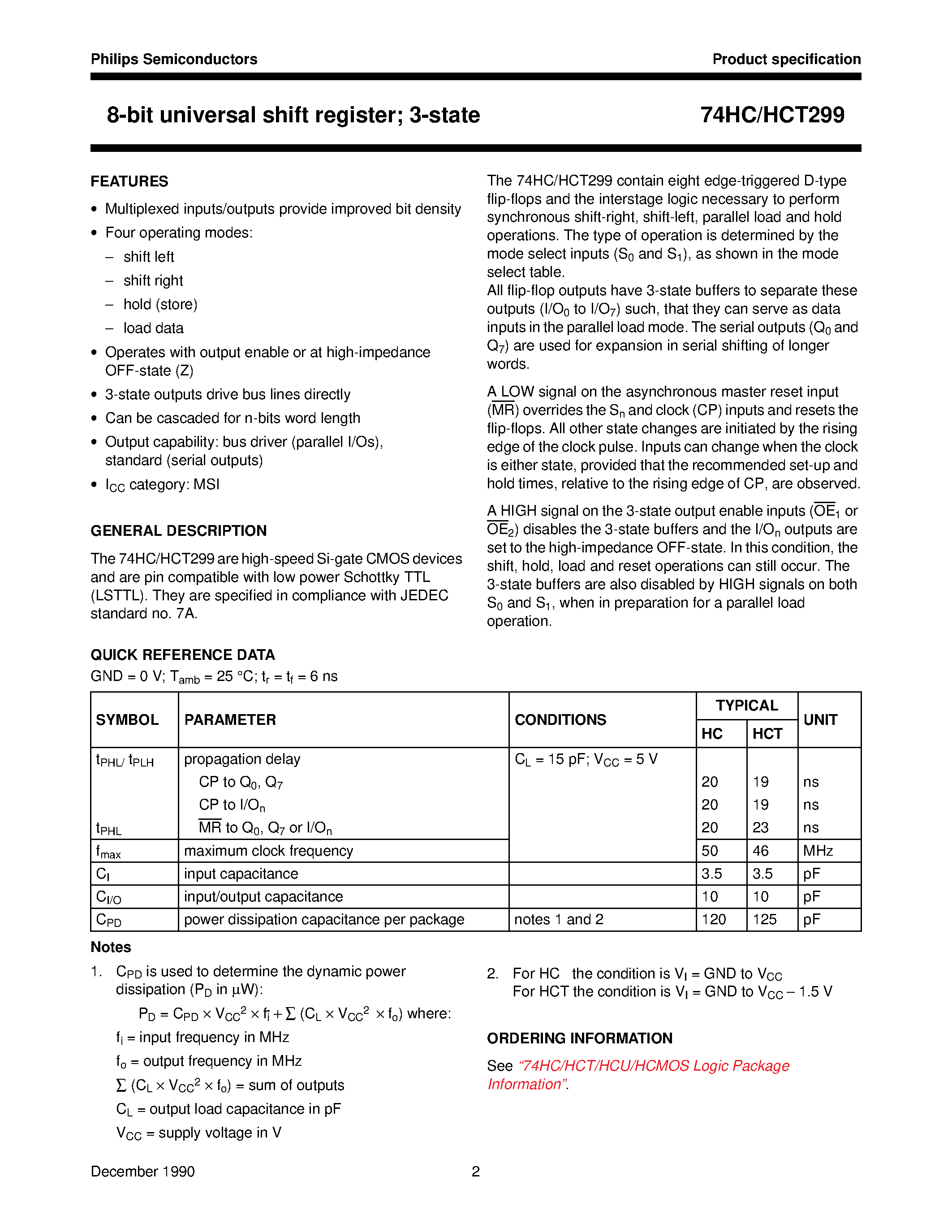 Datasheet 74HCT299 - 8-bit universal shift register; 3-state page 2