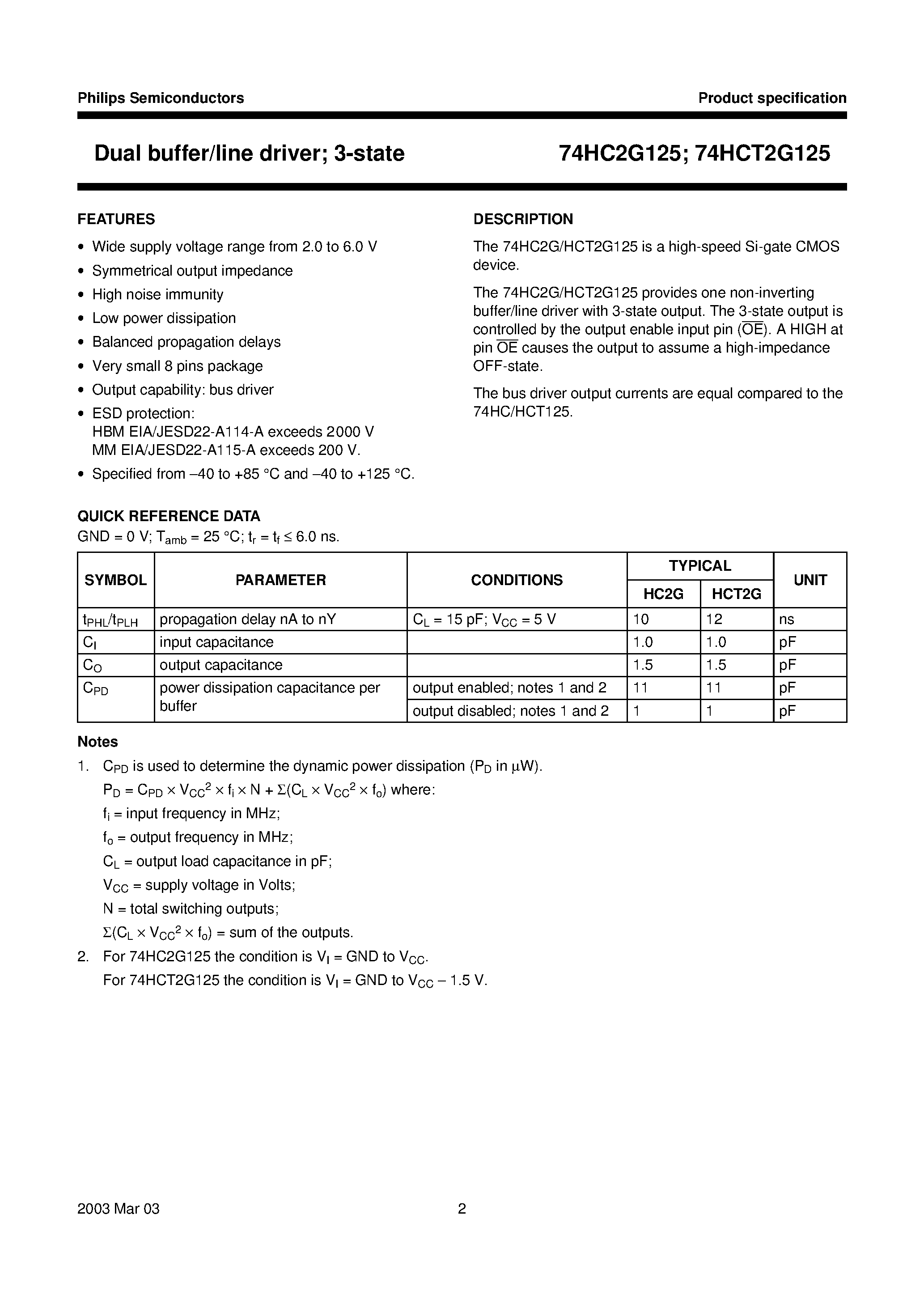 Datasheet 74HCT2G125DC - Dual buffer/line driver; 3-state page 2