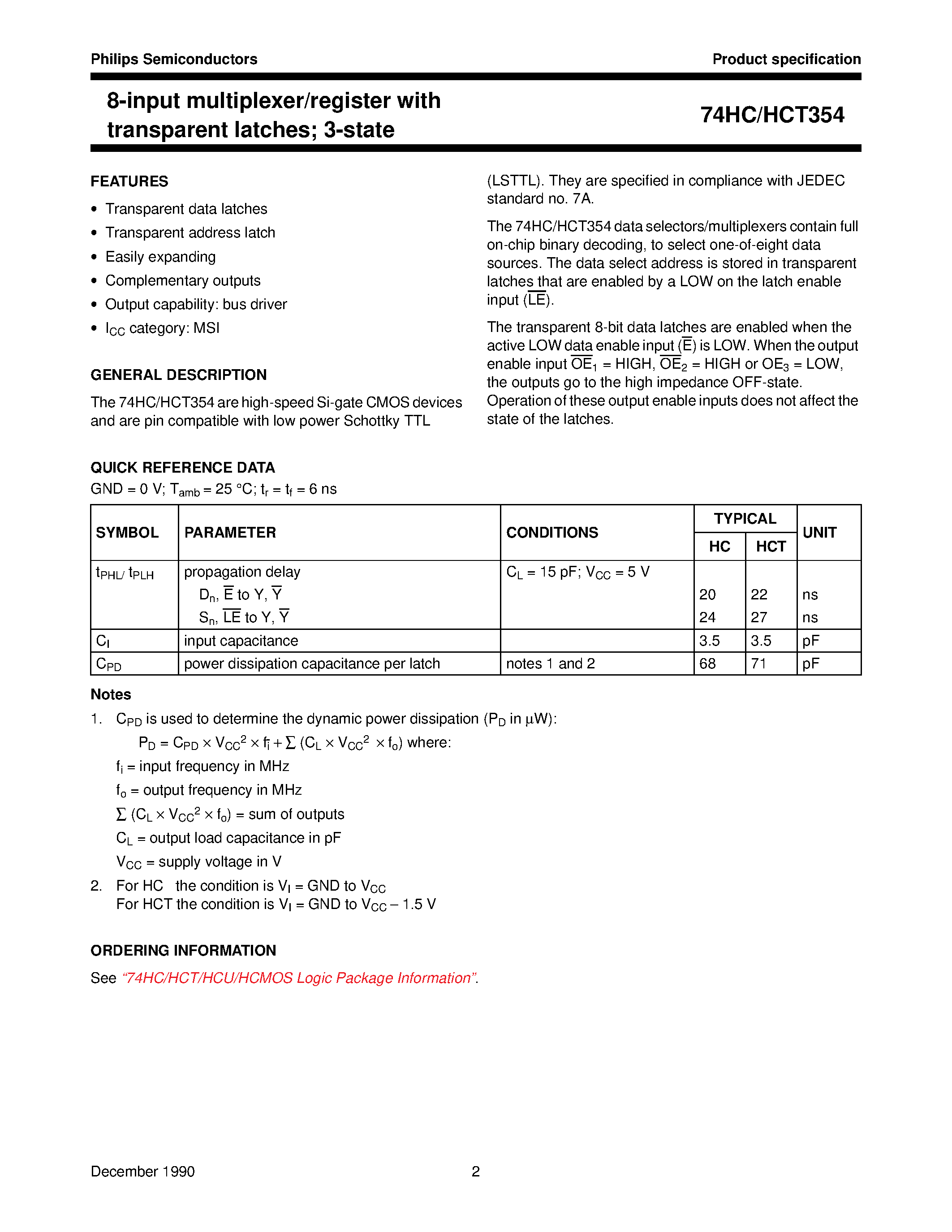 Datasheet 74HCT354 - 8-input multiplexer/register with transparent latches; 3-state page 2