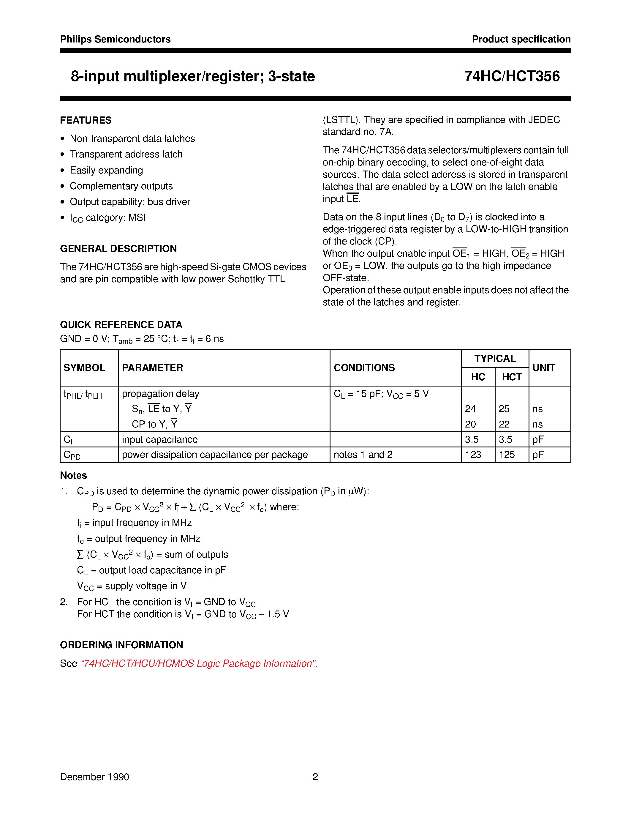 Datasheet 74HCT356 - 8-input multiplexer/register; 3-state page 2