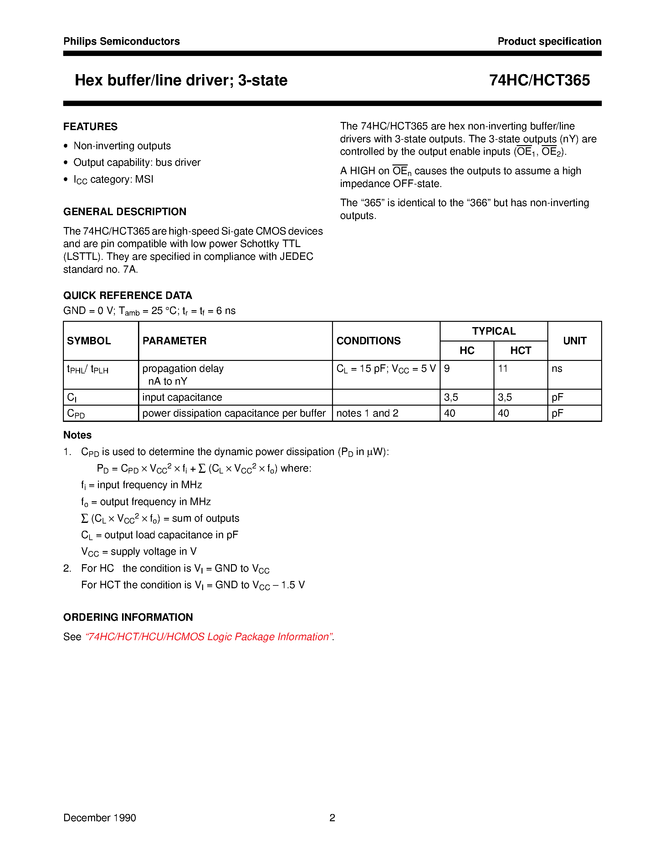 Datasheet 74HCT365 - Hex buffer/line driver; 3-state page 2