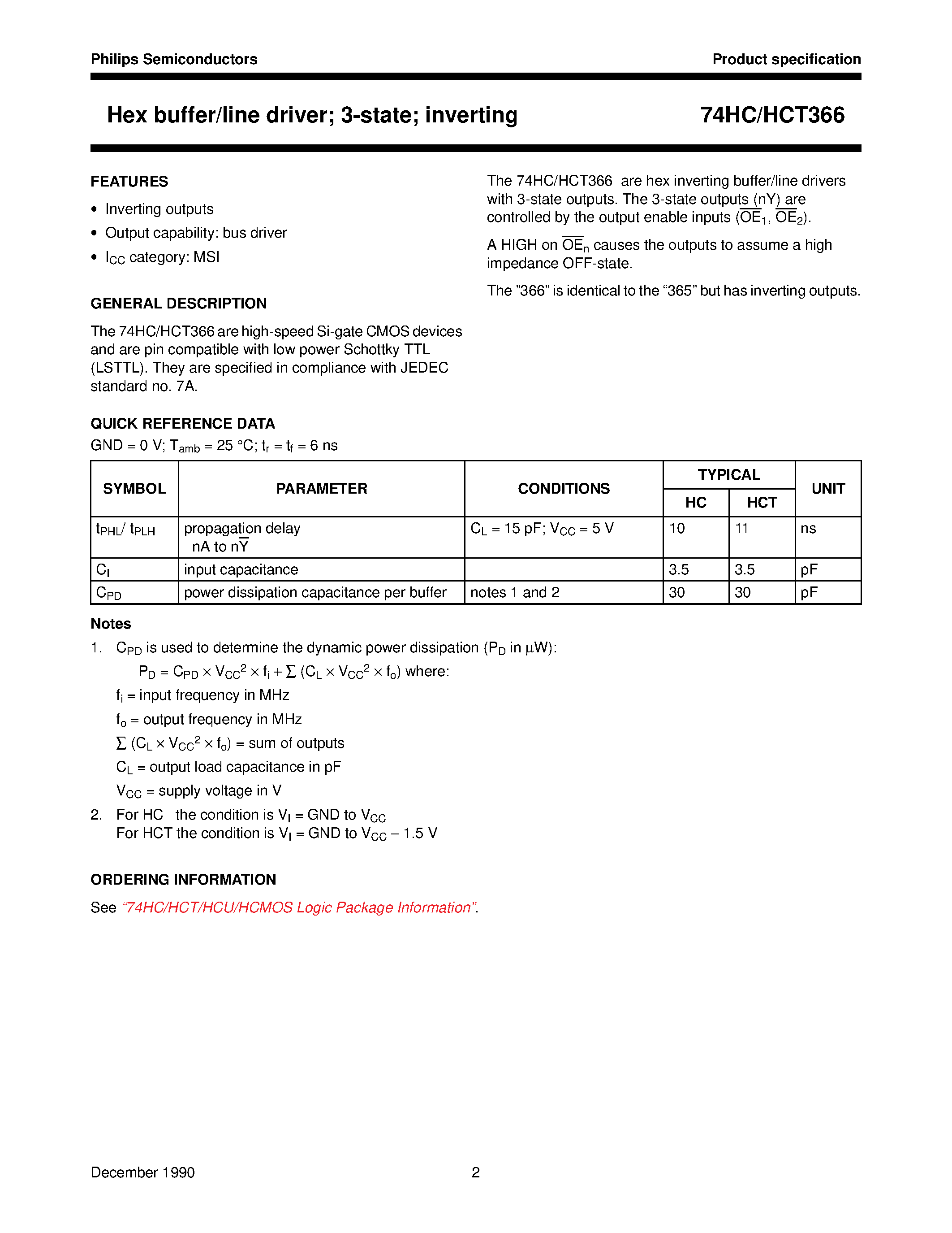 Datasheet 74HCT366 - Hex buffer/line driver; 3-state; inverting page 2