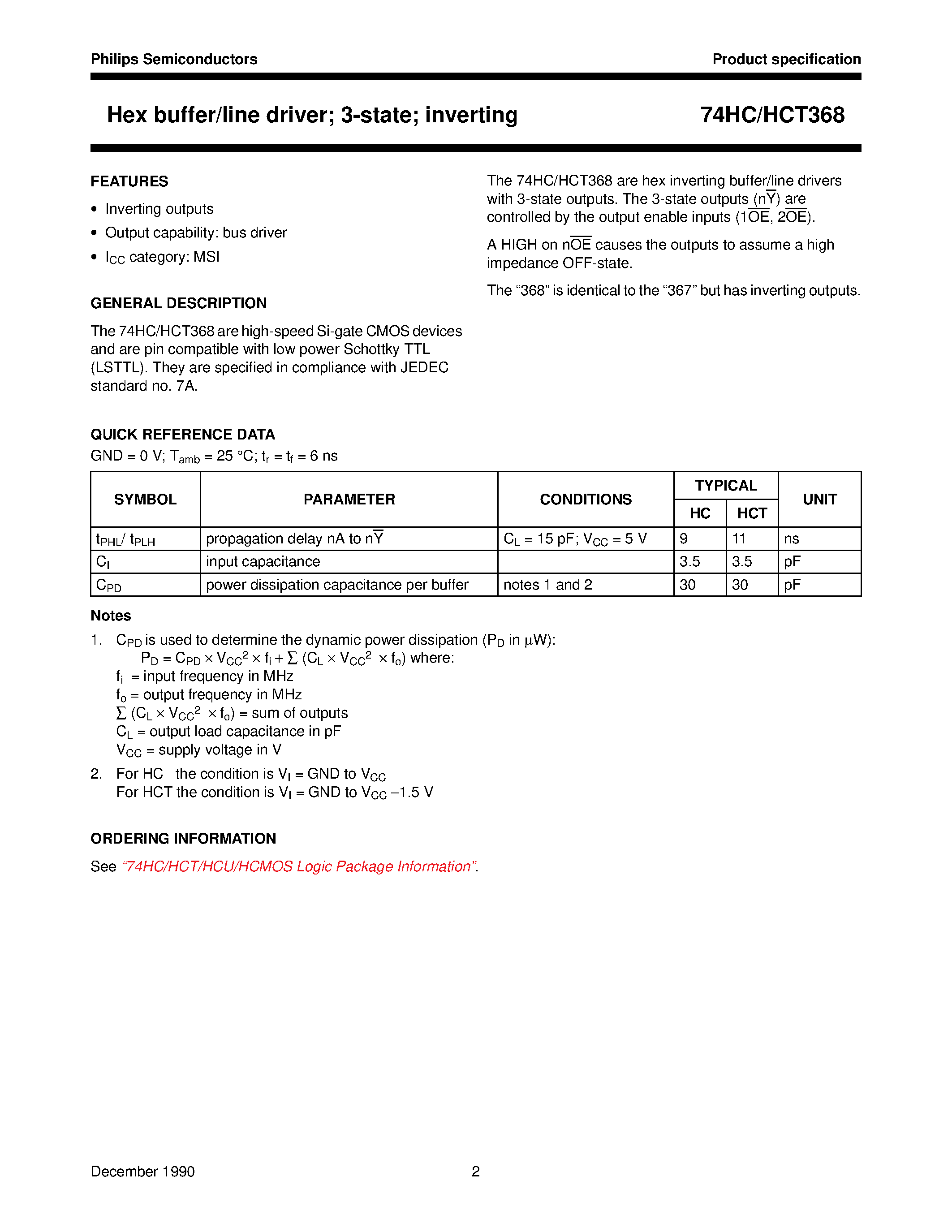 Datasheet 74HCT368 - Hex buffer/line driver; 3-state; inverting page 2