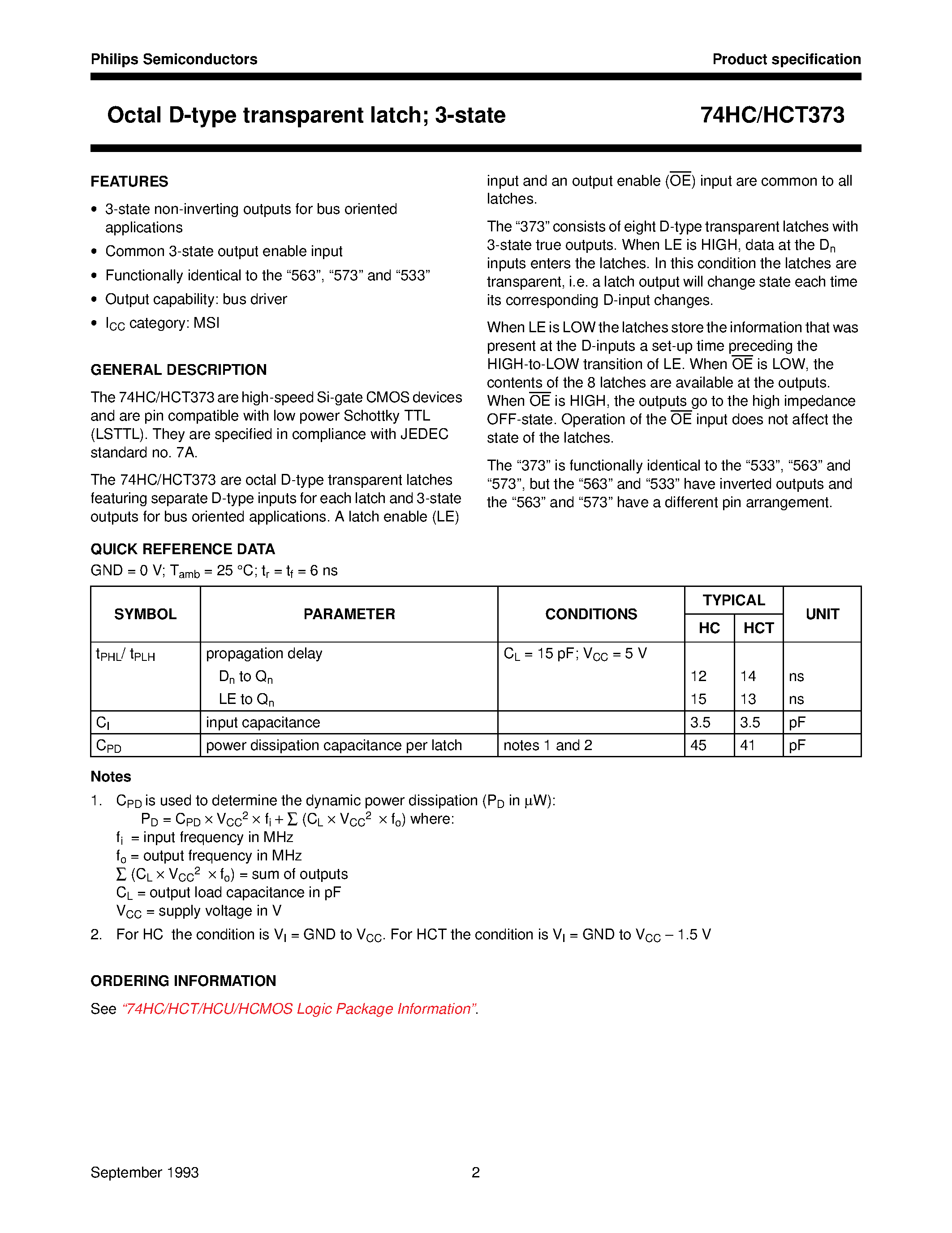 Datasheet 74HCT373 - Octal D-type transparent latch; 3-state page 2