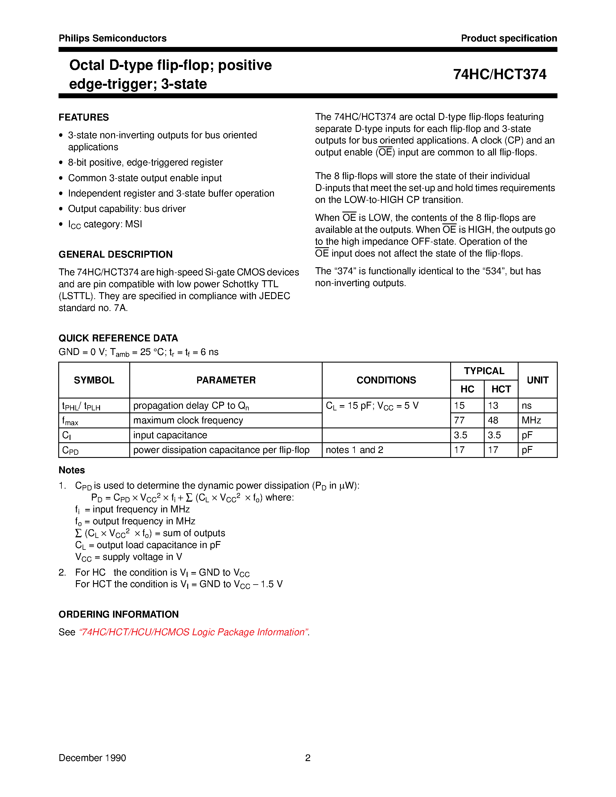 Datasheet 74HCT374 - Octal D-type flip-flop; positive edge-trigger; 3-state page 2