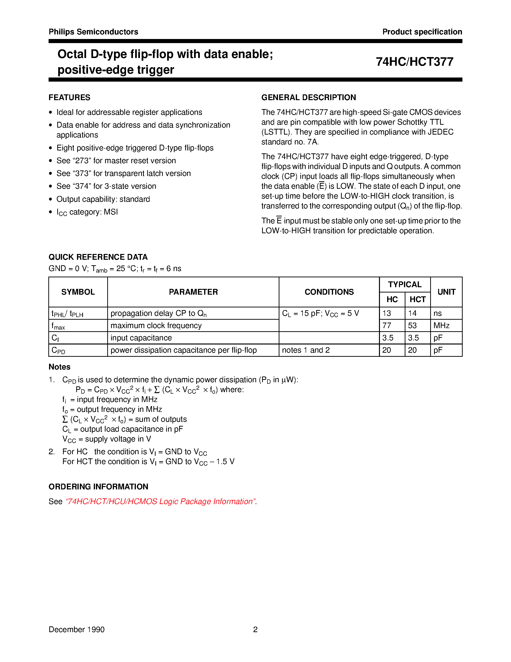 Datasheet 74HCT377 - Octal D-type flip-flop with data enable; positive-edge trigger page 2