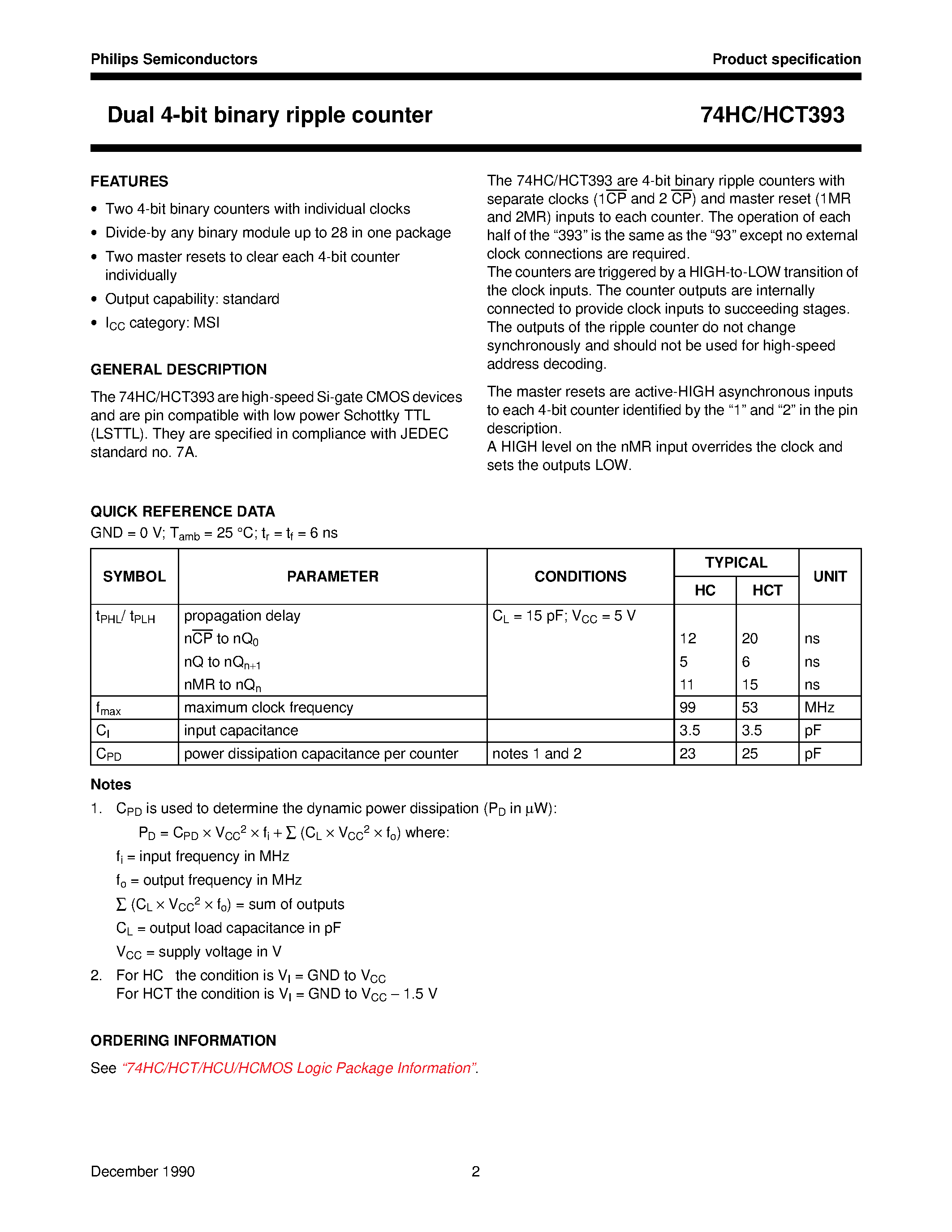 Datasheet 74HCT393 - Dual 4-bit binary ripple counter page 2