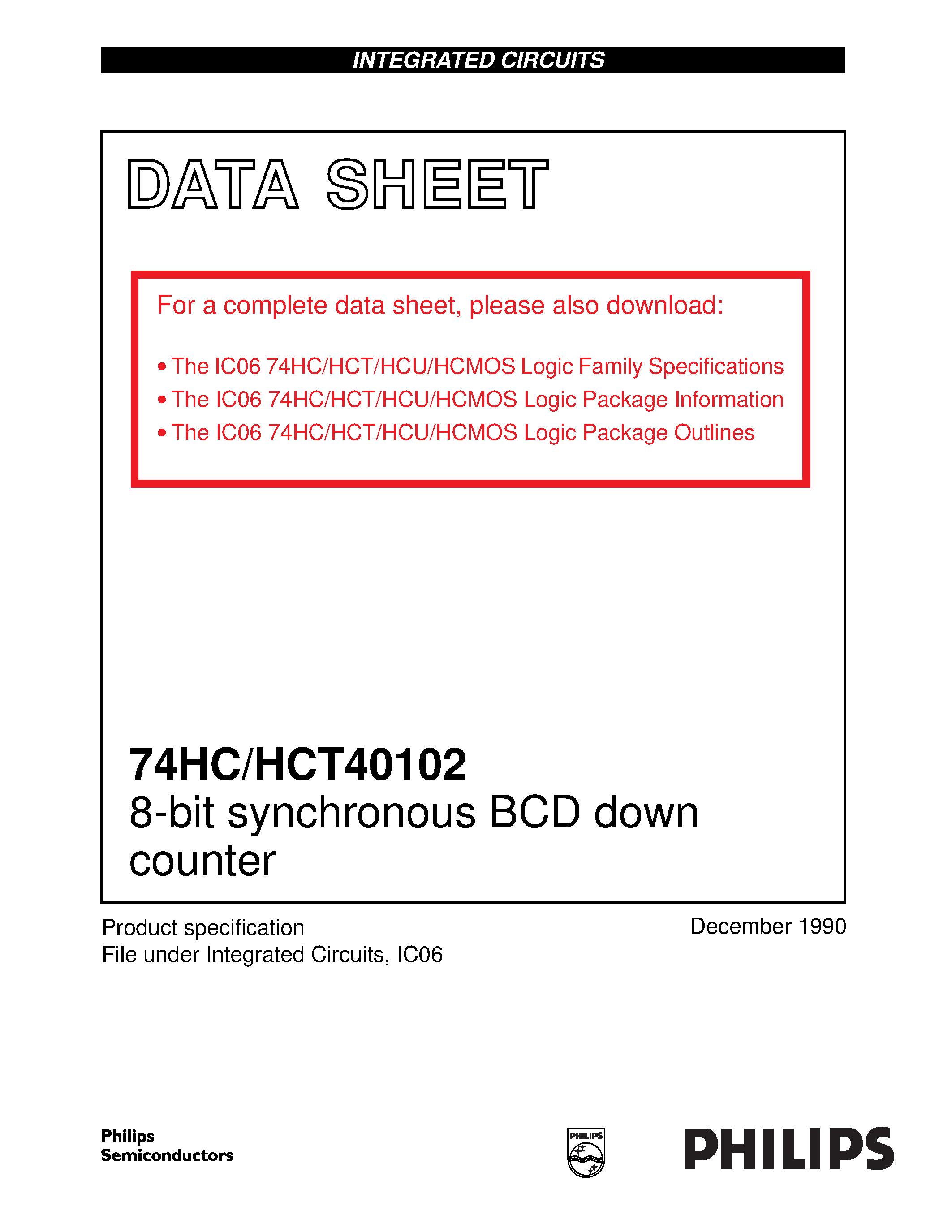 Datasheet 74HCT401 - 8-bit synchronous BCD down counter page 1