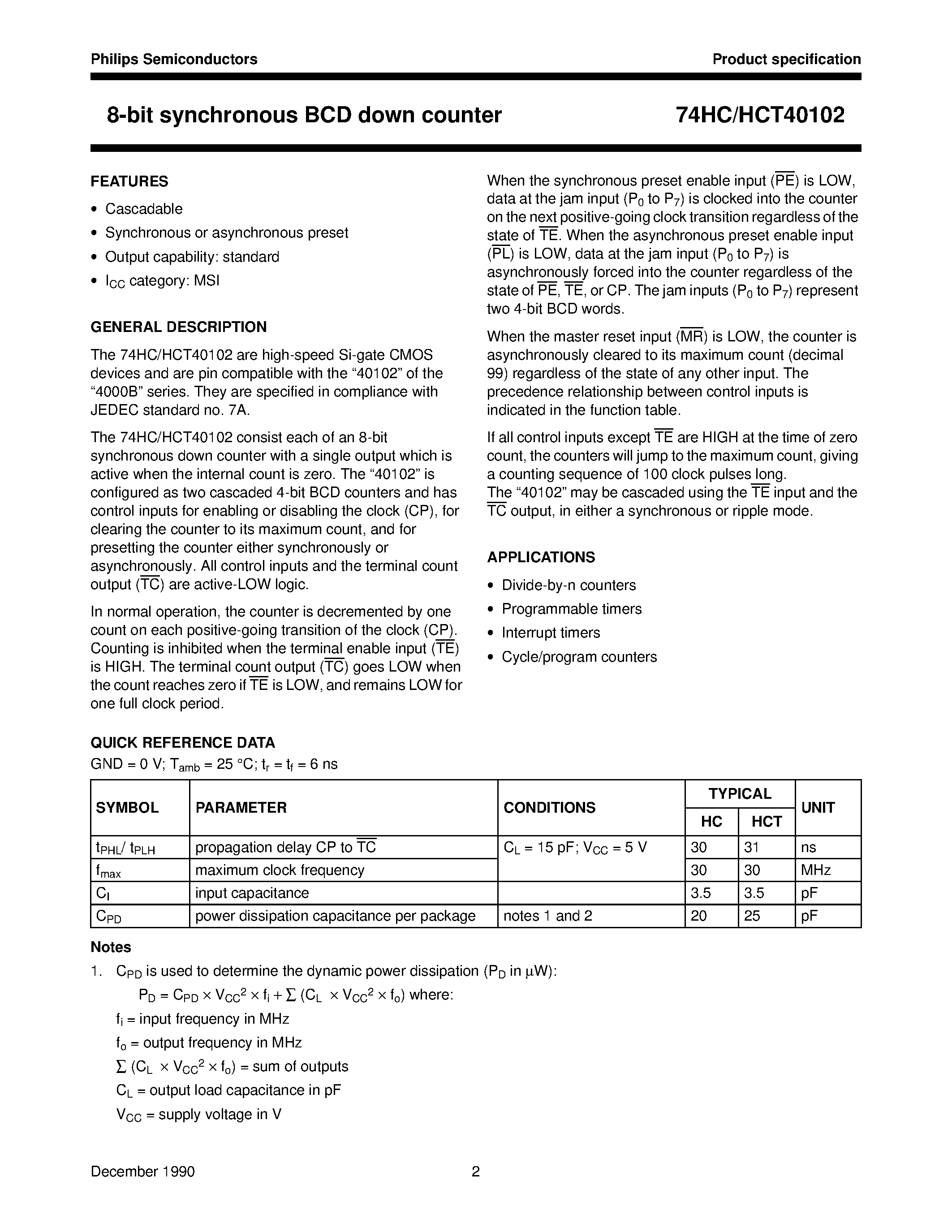 Datasheet 74HCT401 - 8-bit synchronous BCD down counter page 2