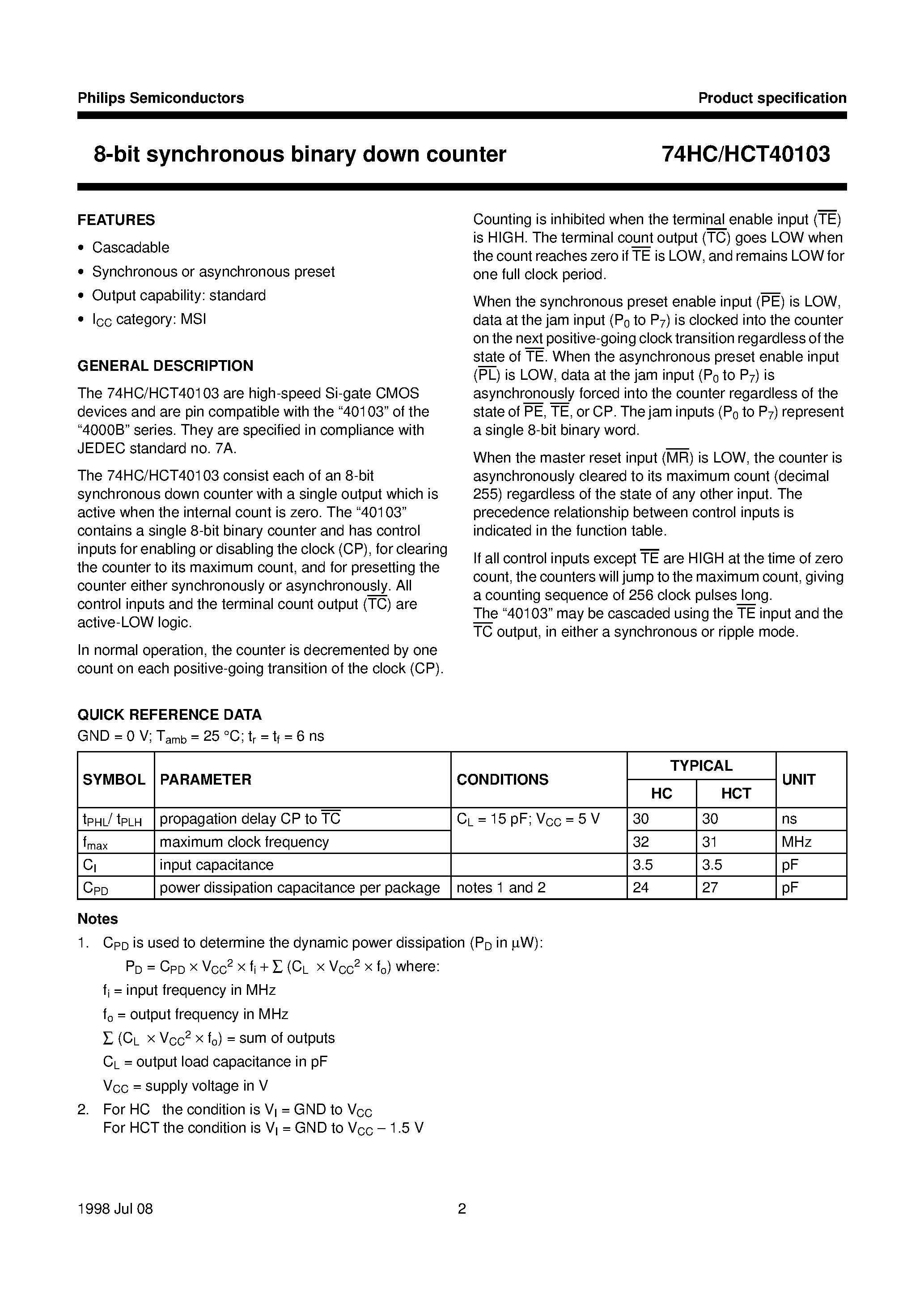 Datasheet 74HCT40103D - 8-bit synchronous binary down counter page 2