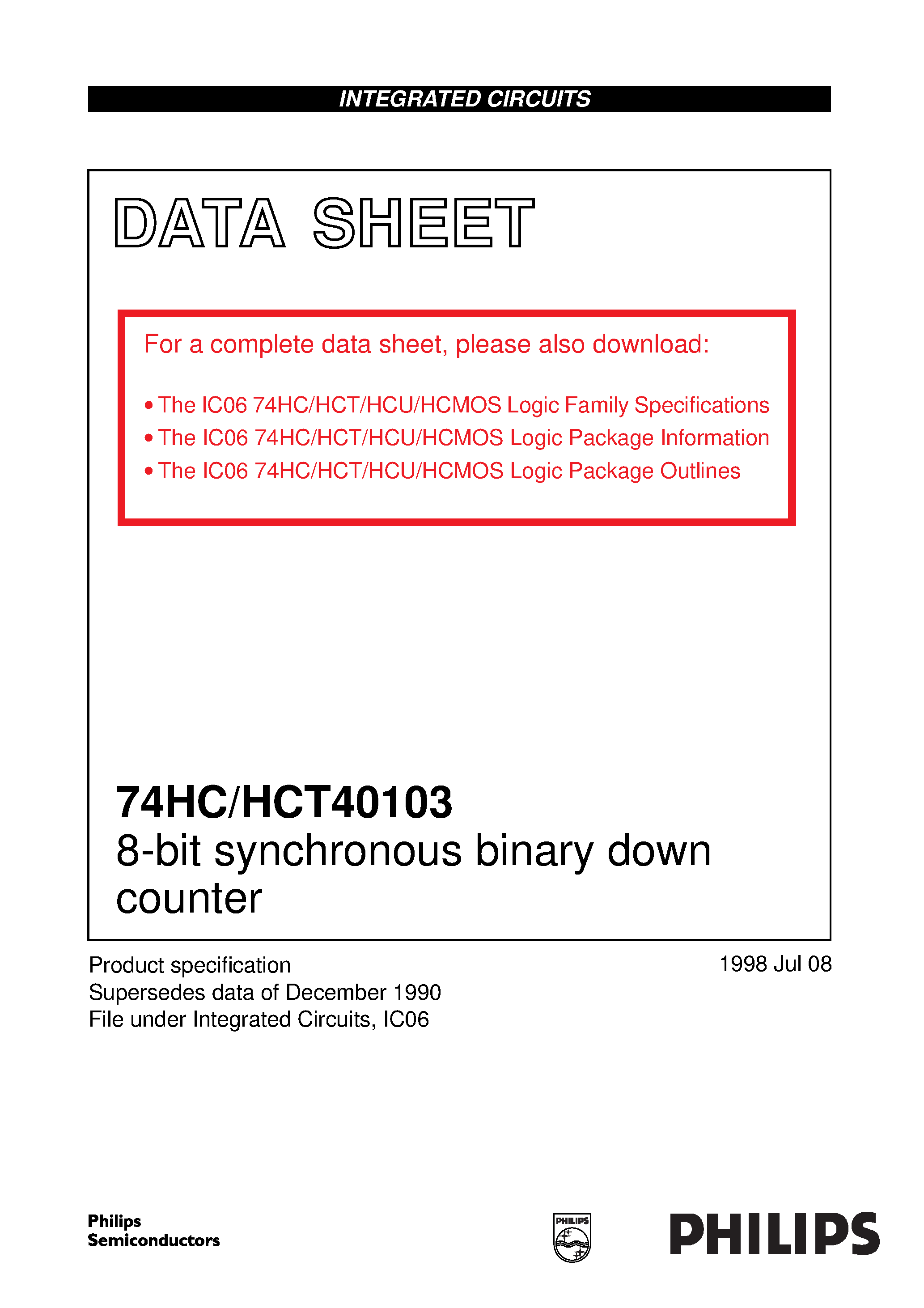 Datasheet 74HCT40103D - 8-bit synchronous binary down counter page 1