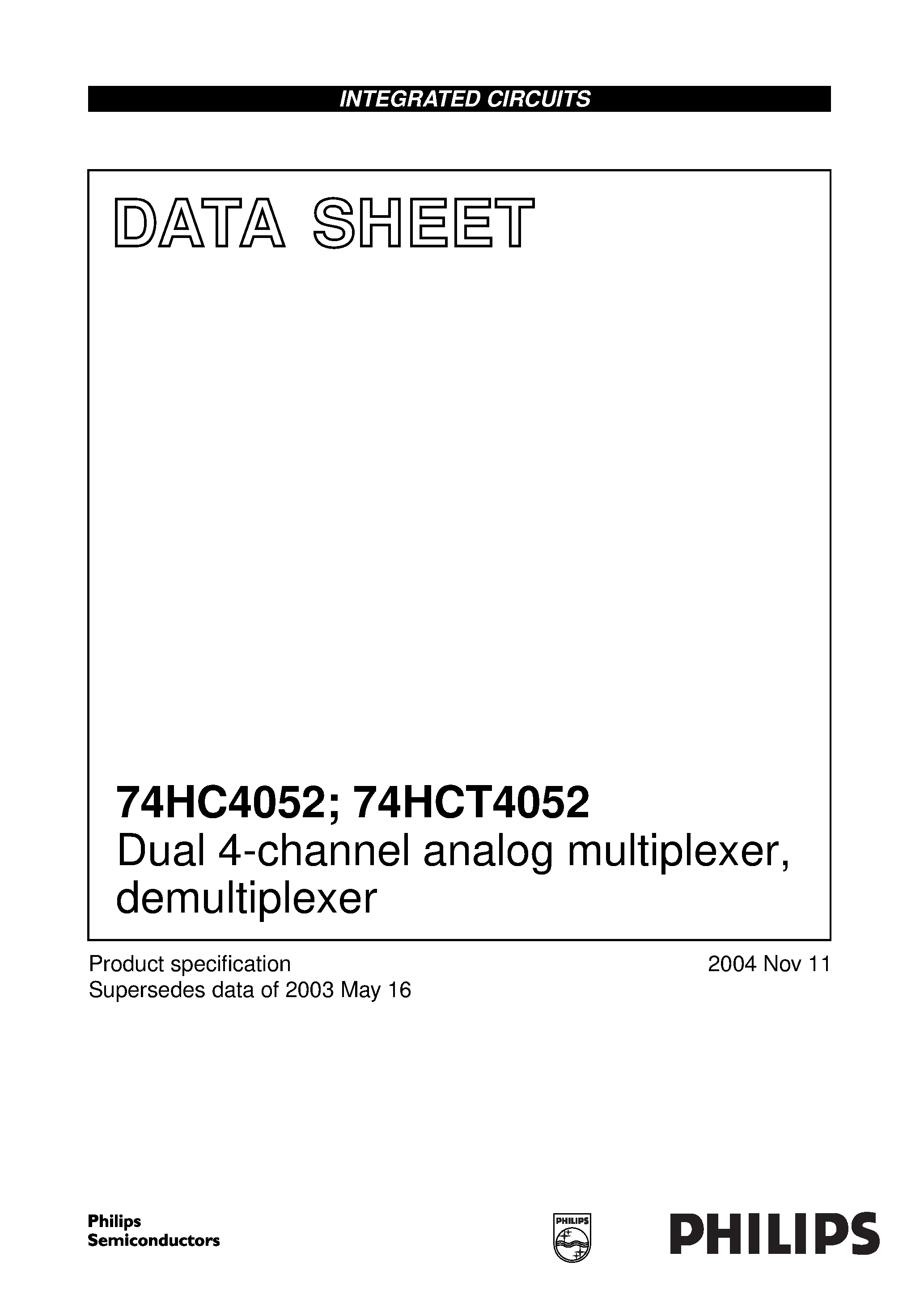 Datasheet 74HCT4052BQ - Dual 4-channel analog multiplexer/ demultiplexer page 1