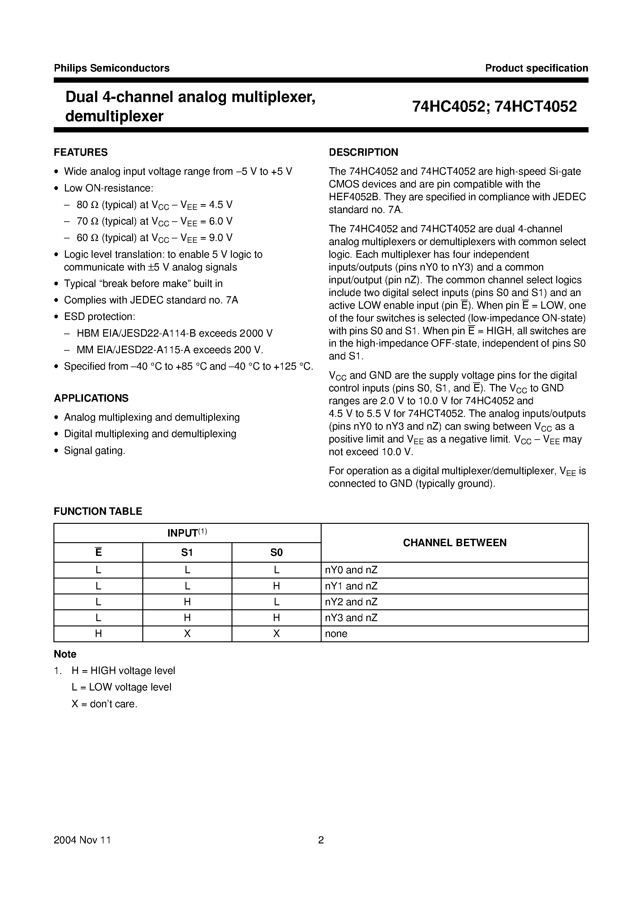 Datasheet 74HCT4052BQ - Dual 4-channel analog multiplexer/ demultiplexer page 2