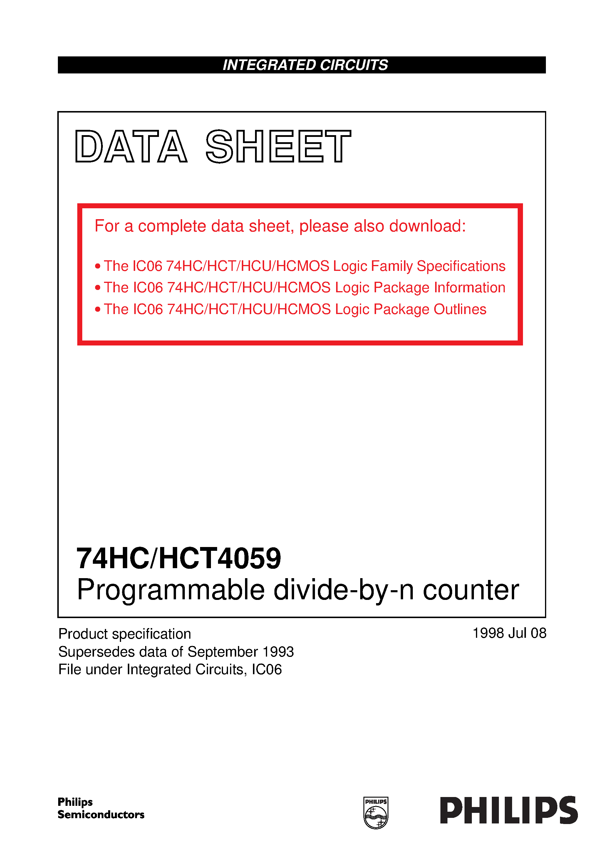 Datasheet 74HCT4059N - Programmable divide-by-n counter page 1