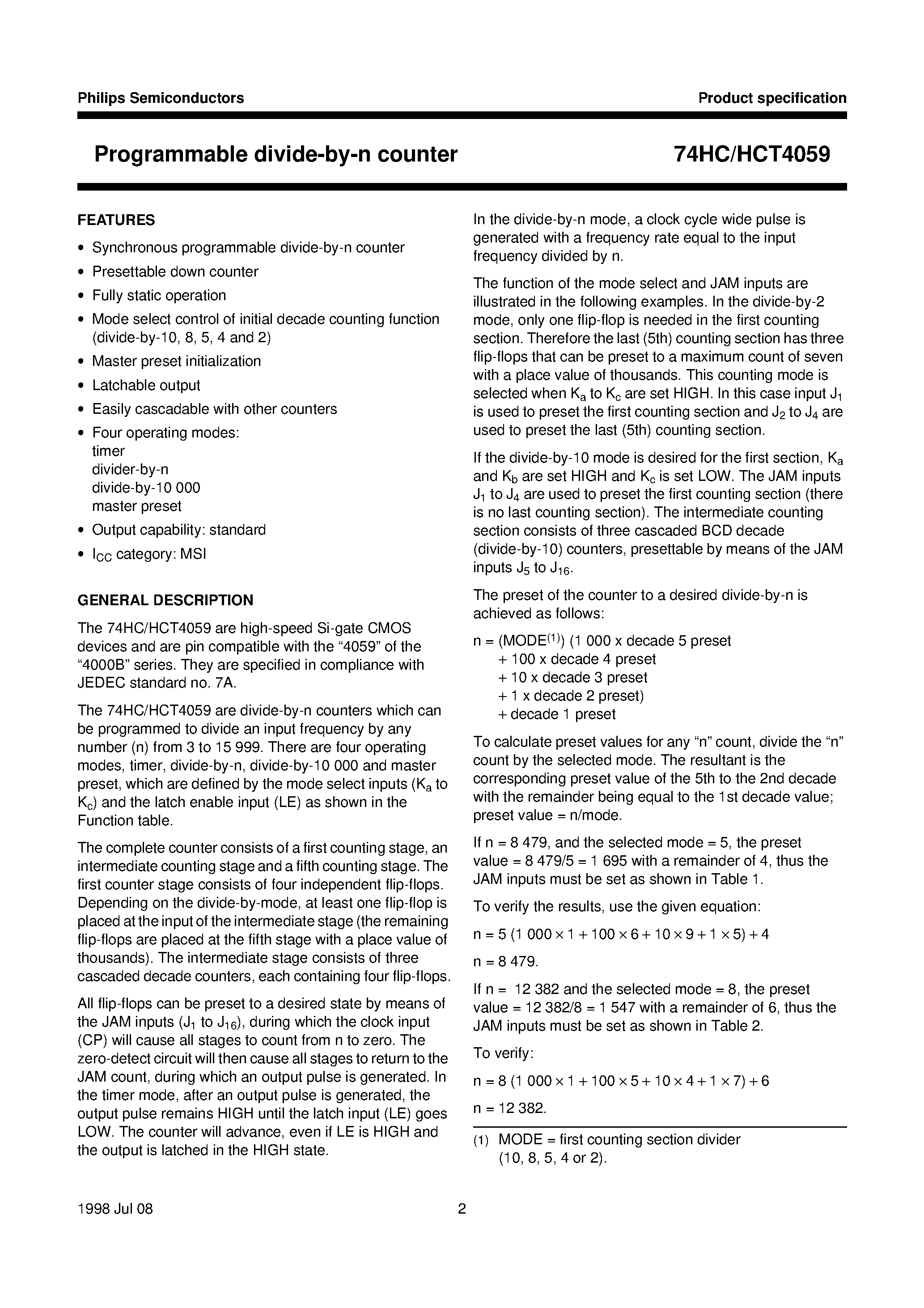 Datasheet 74HCT4059N - Programmable divide-by-n counter page 2