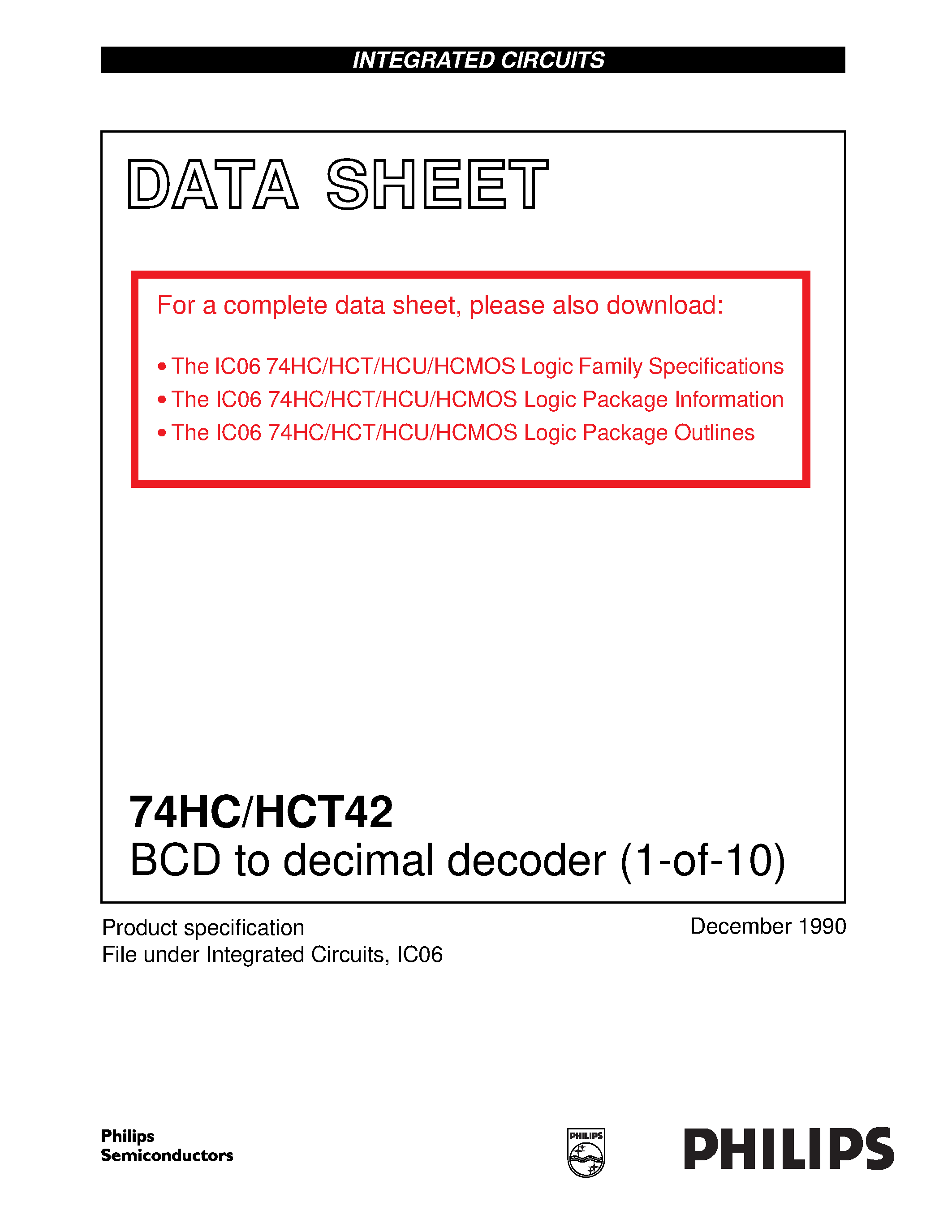 Datasheet 74HCT42 - BCD to decimal decoder 1-of-10 page 1