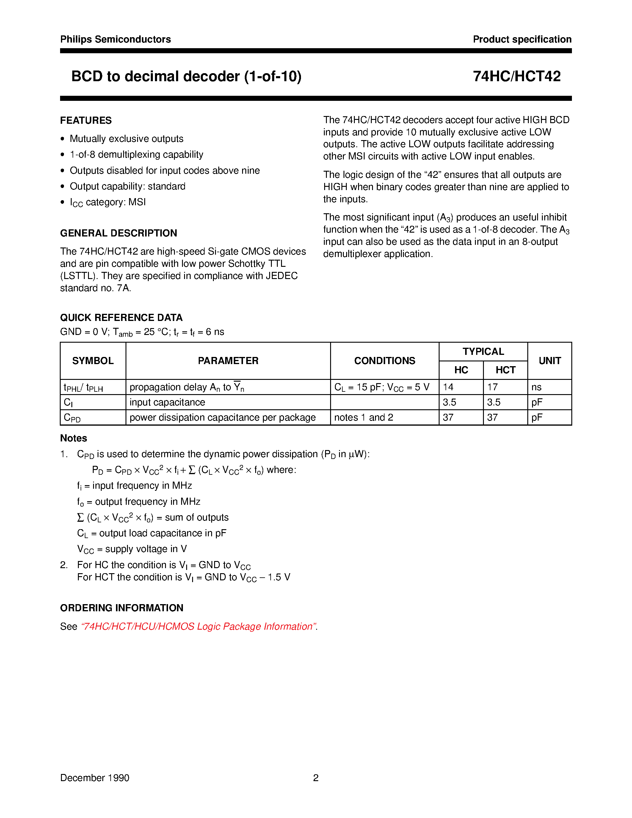 Datasheet 74HCT42 - BCD to decimal decoder 1-of-10 page 2