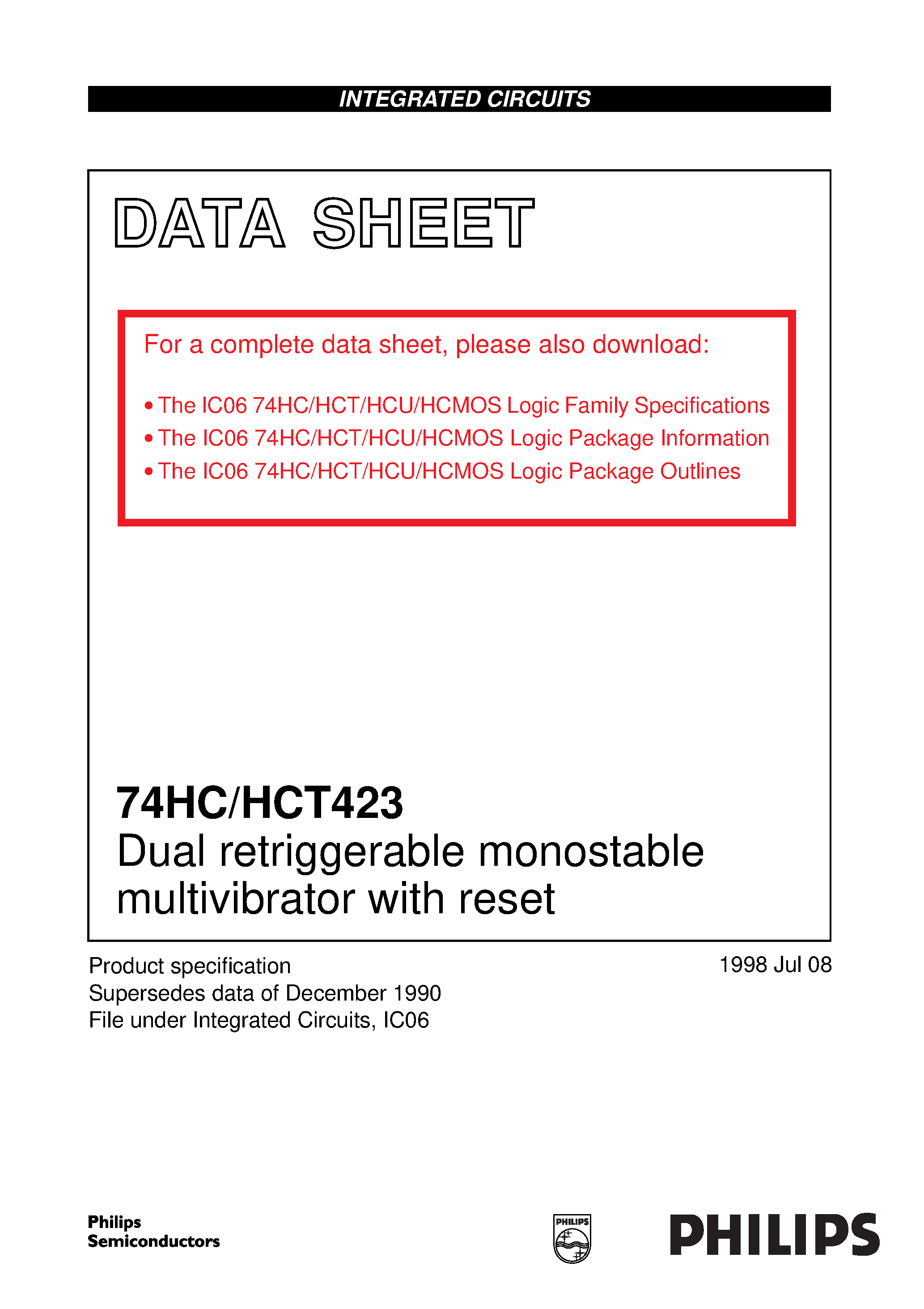 Datasheet 74HCT423D - Dual retriggerable monostable multivibrator with reset page 1