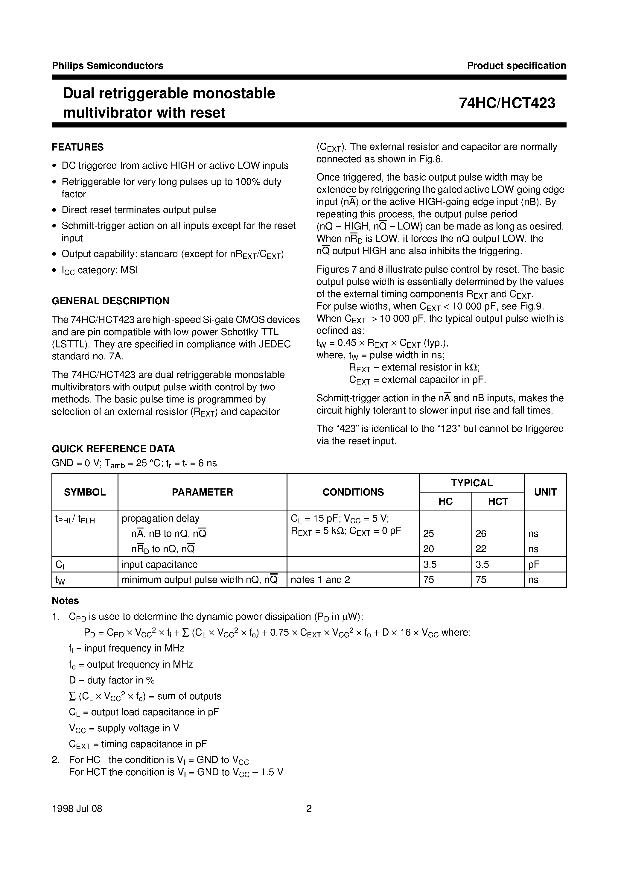 Datasheet 74HCT423D - Dual retriggerable monostable multivibrator with reset page 2