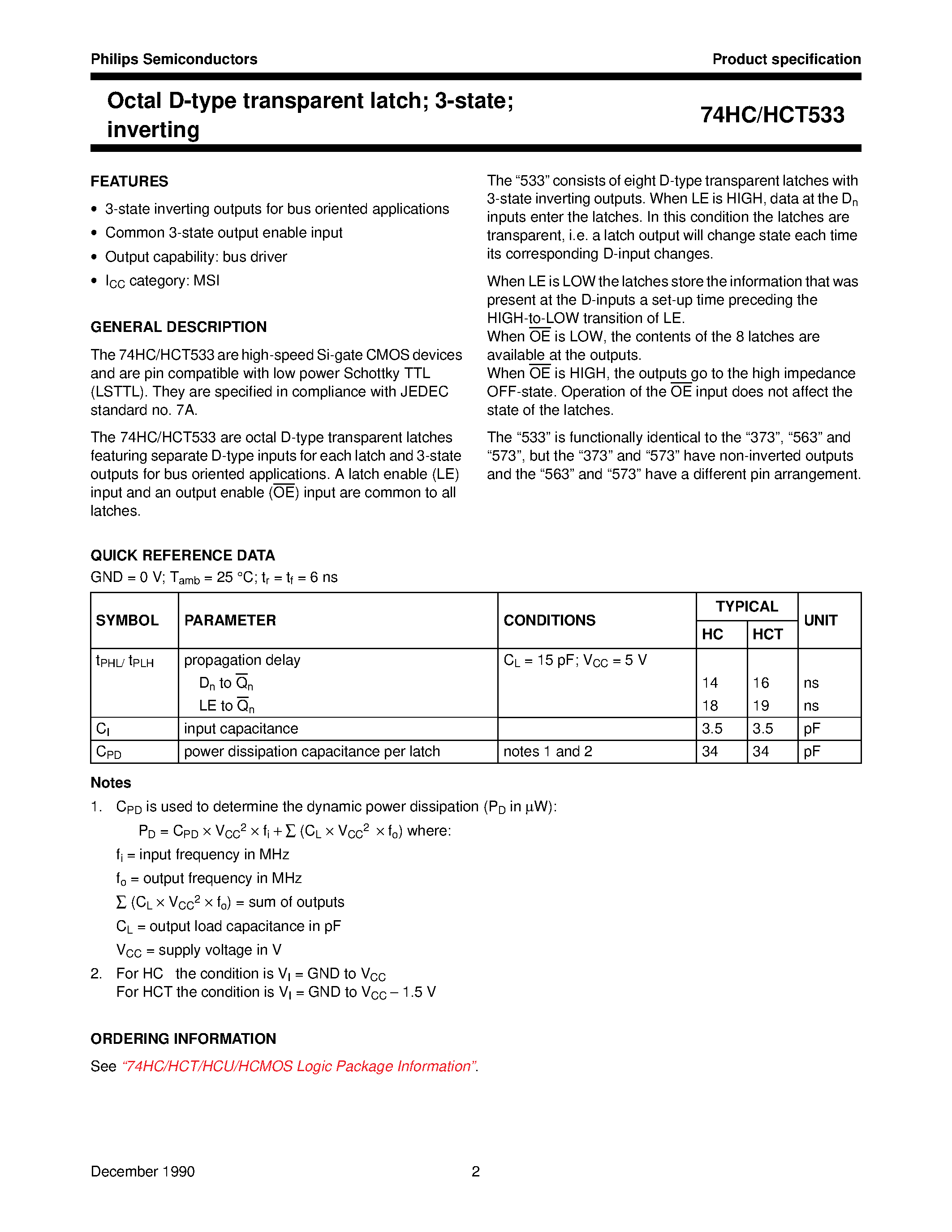 Datasheet 74HCT533 - Octal D-type transparent latch; 3-state; inverting page 2