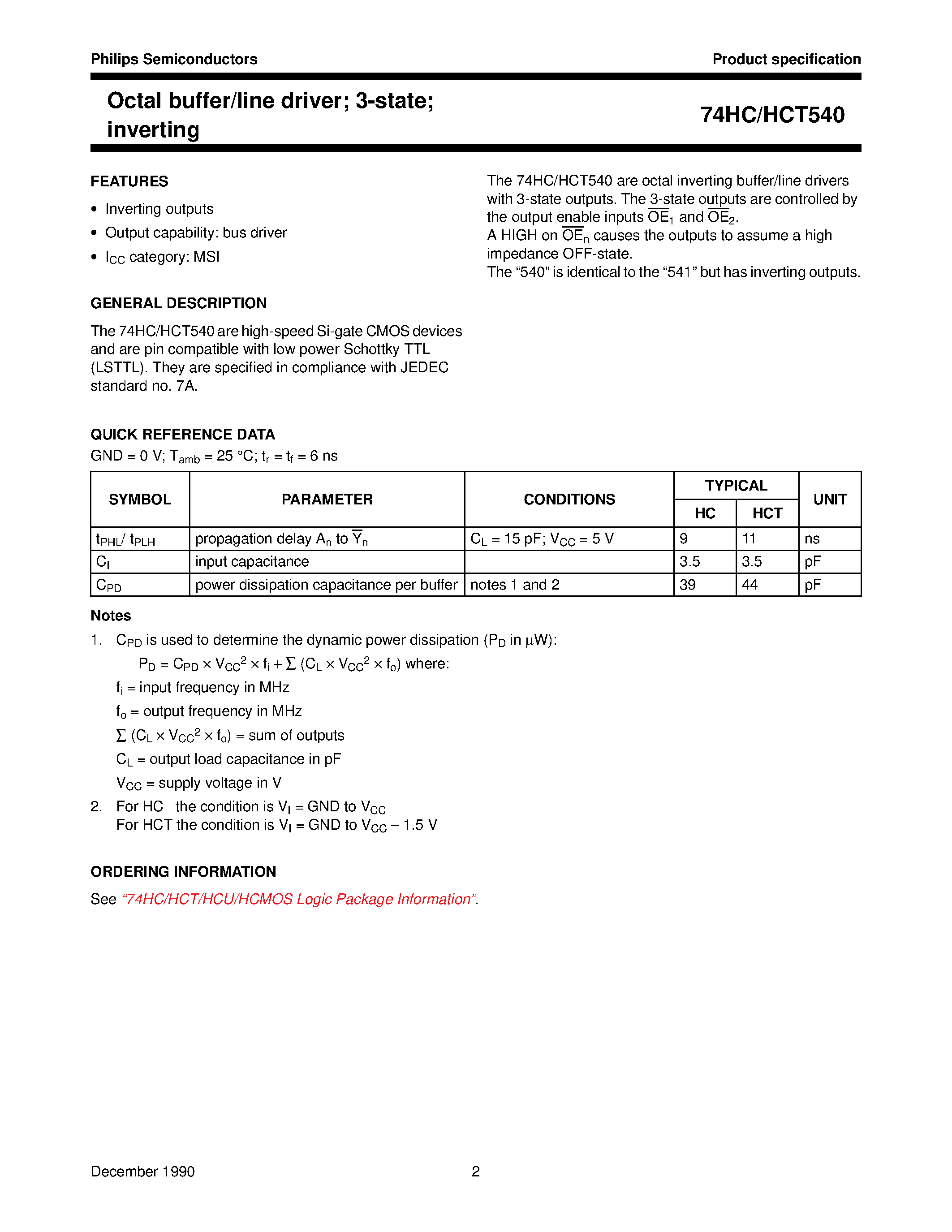 Datasheet 74HCT540 - Octal buffer/line driver; 3-state; inverting page 2