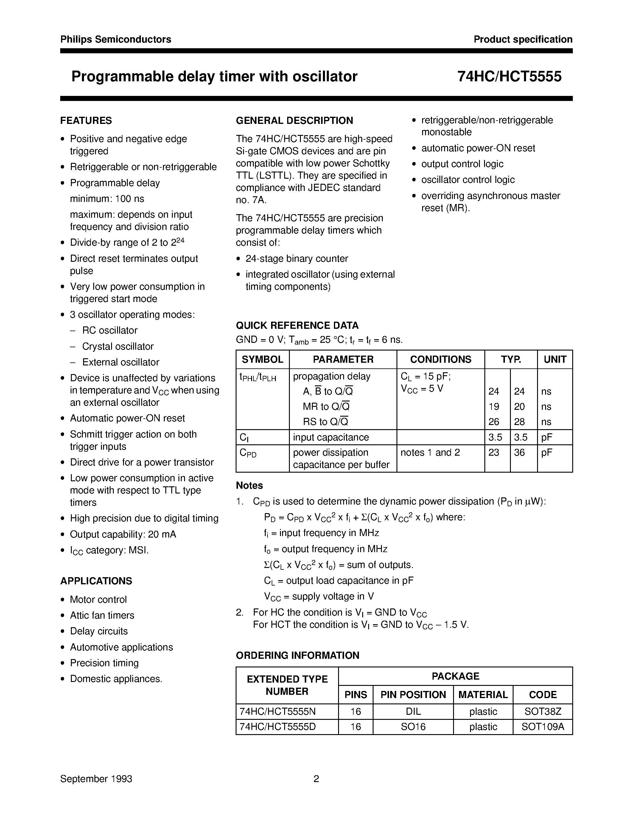 Datasheet 74HCT5555 - Programmable delay timer with oscillator page 2