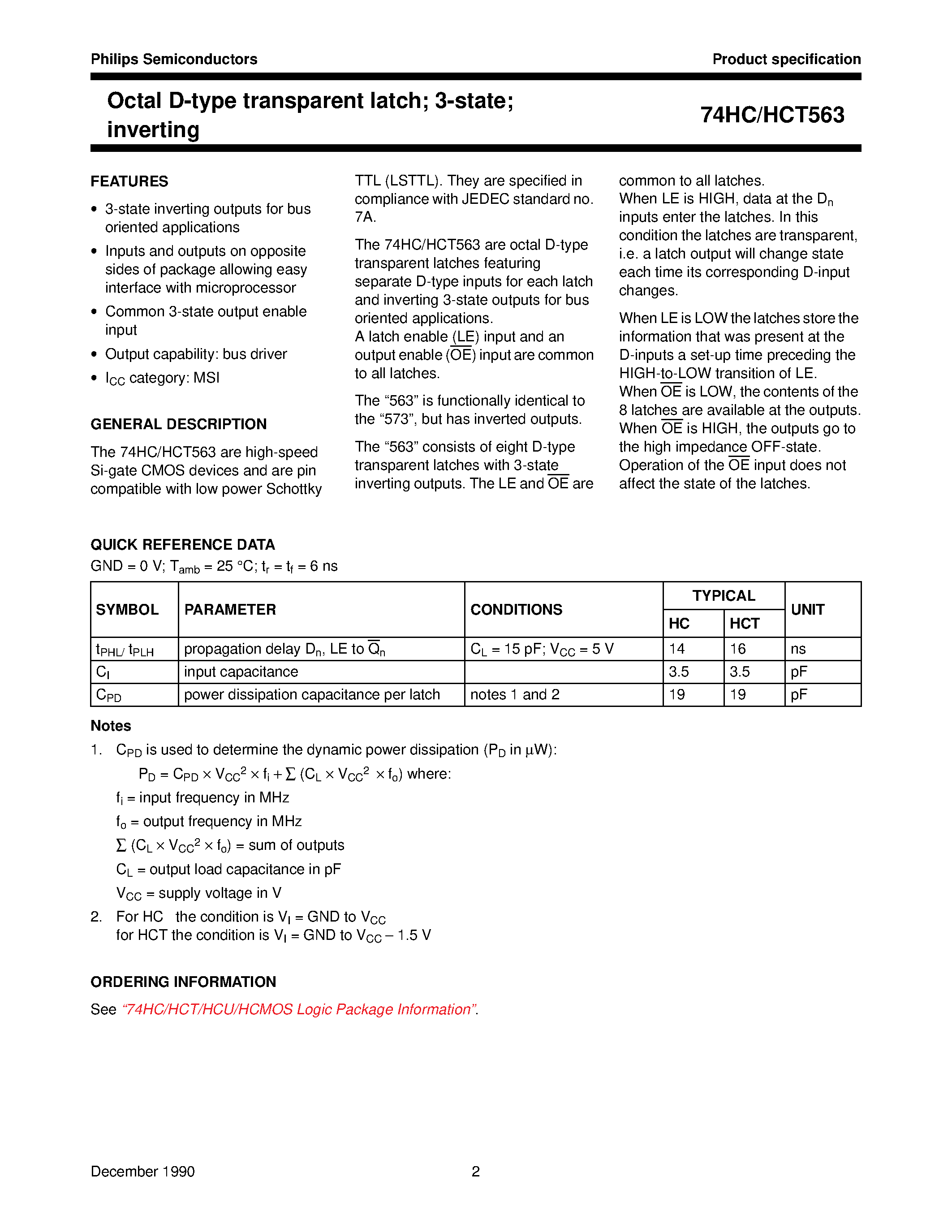 Datasheet 74HCT563 - Octal D-type transparent latch; 3-state; inverting page 2