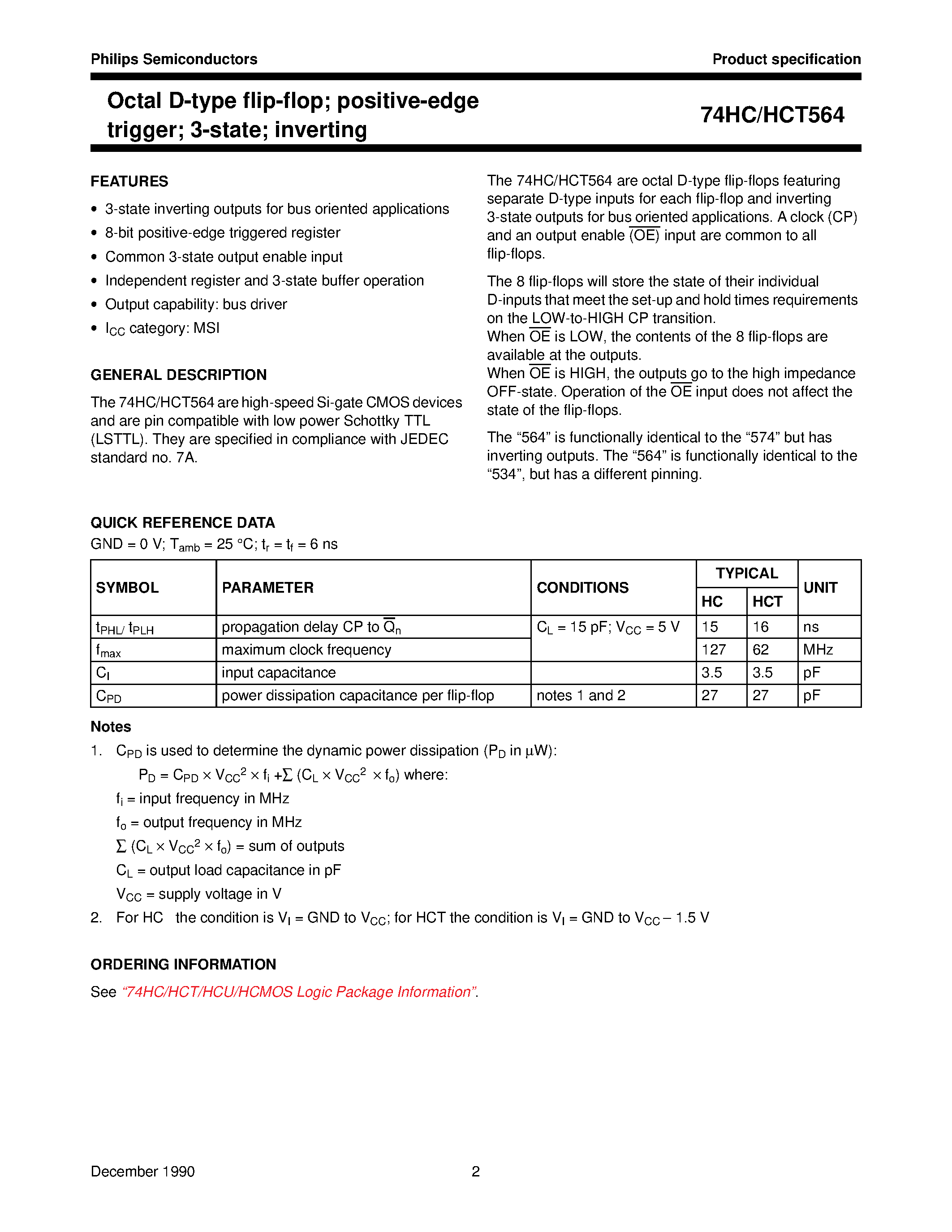 Datasheet 74HCT564 - Octal D-type flip-flop; positive-edge trigger; 3-state; inverting page 2