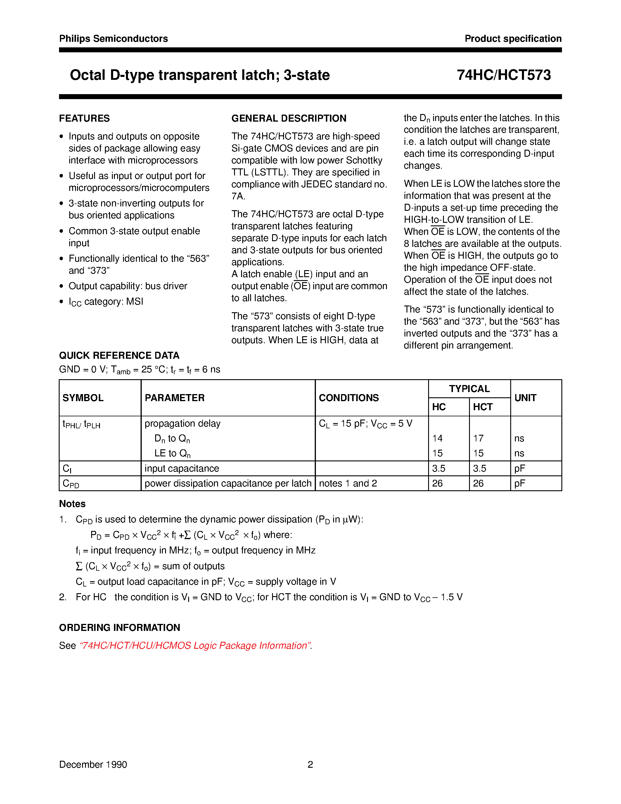 Datasheet 74HCT573 - Octal D-type transparent latch; 3-state page 2