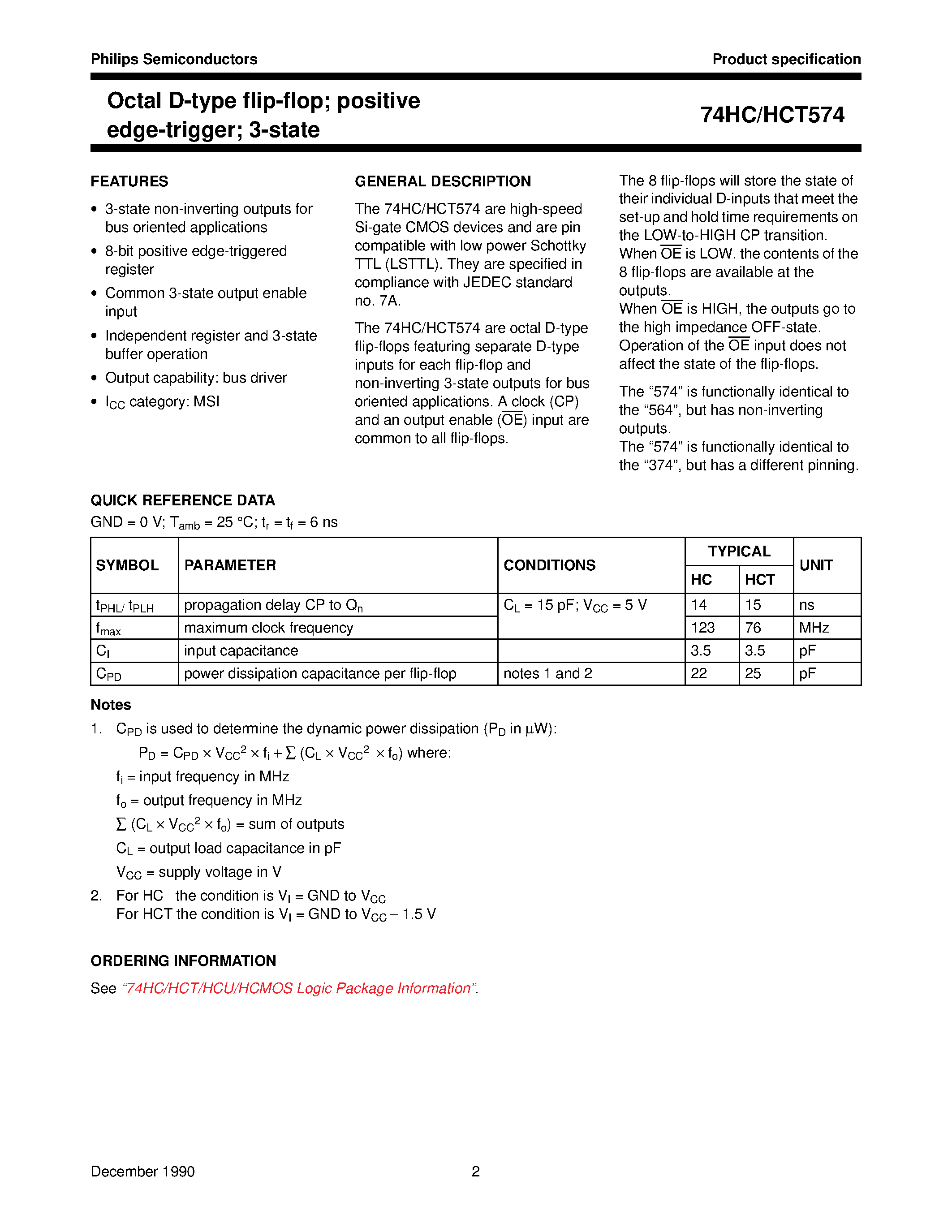 Datasheet 74HCT574 - Octal D-type flip-flop; positive edge-trigger; 3-state page 2