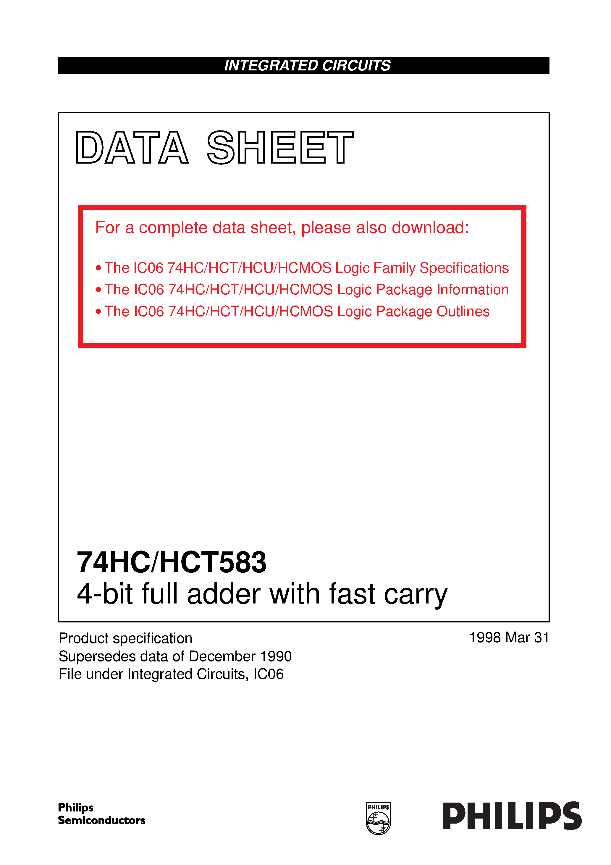 Datasheet 74HCT583 - 4-bit full adder with fast carry page 1