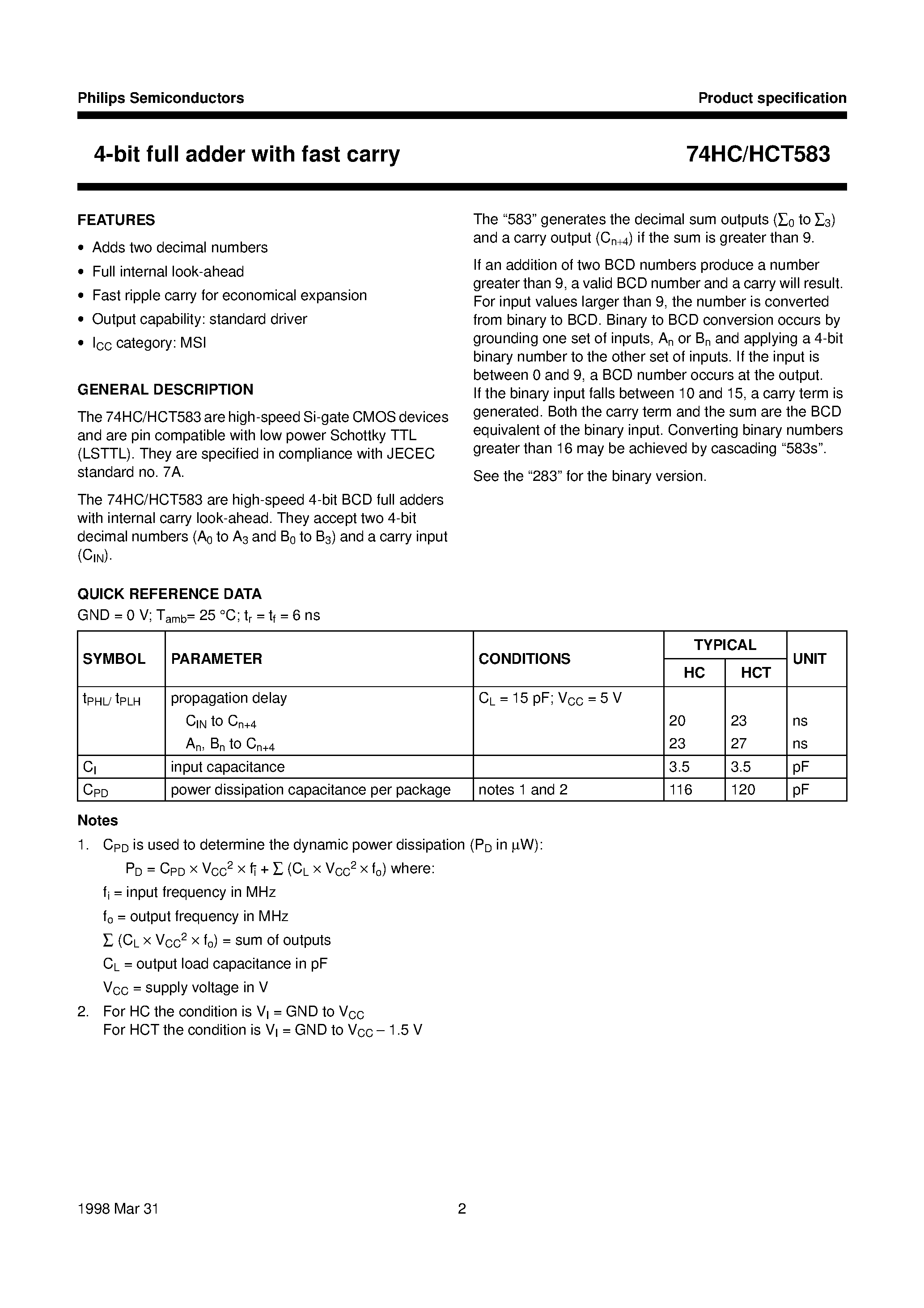 Datasheet 74HCT583 - 4-bit full adder with fast carry page 2