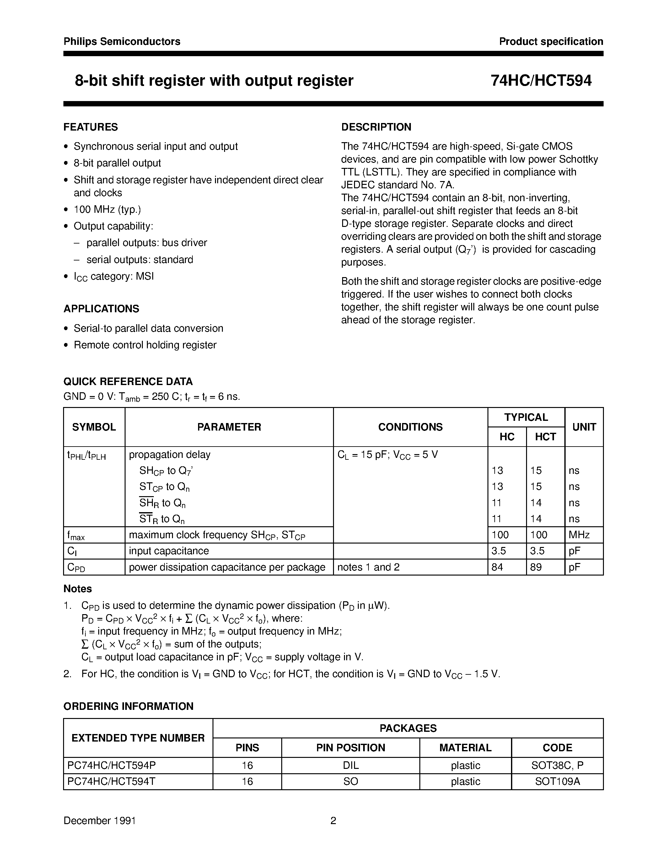 Datasheet 74HCT594 - 8-bit shift register with output register page 2