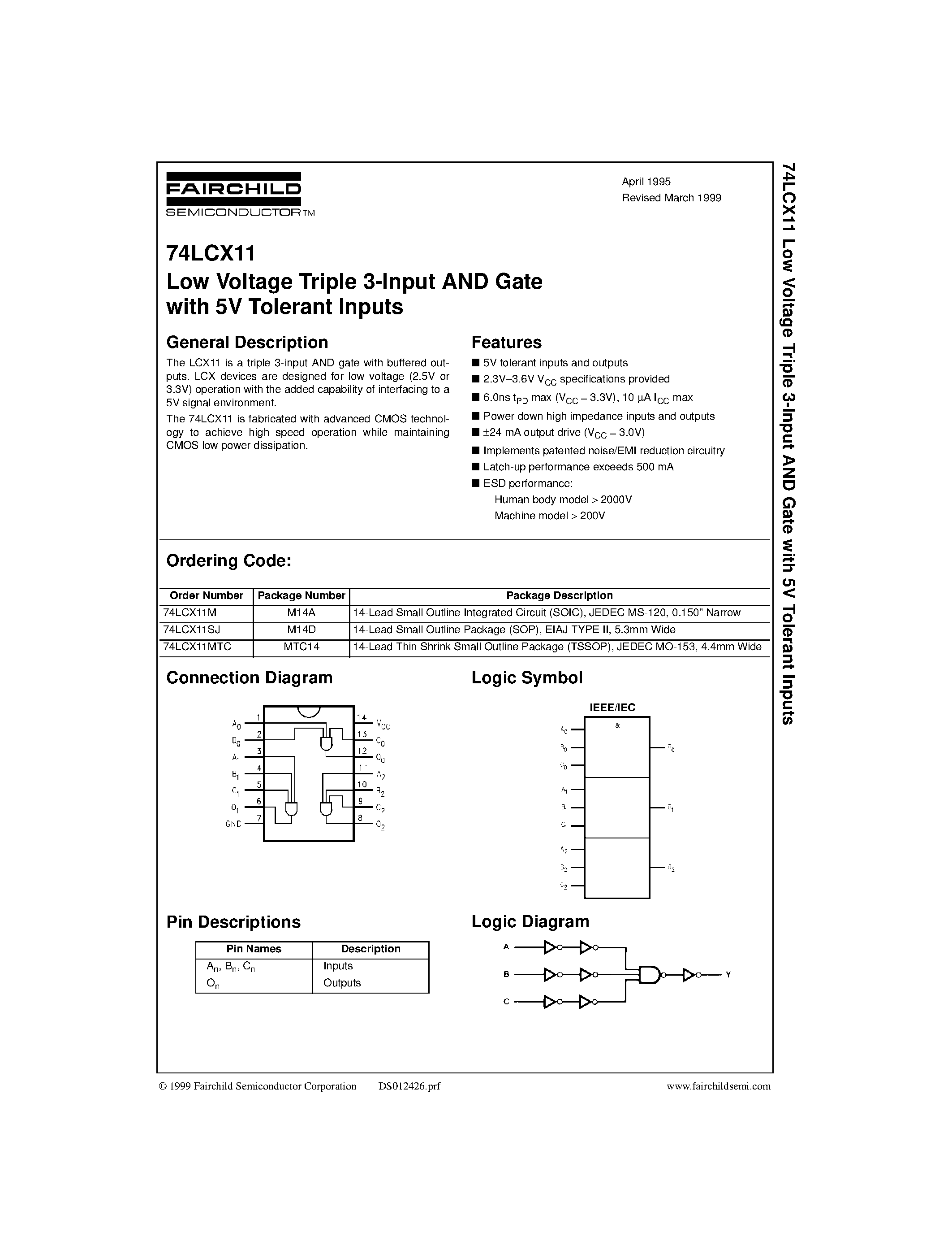 Datasheet 74LCX11SJ - Low Voltage Triple 3-Input AND Gate with 5V Tolerant Inputs page 1