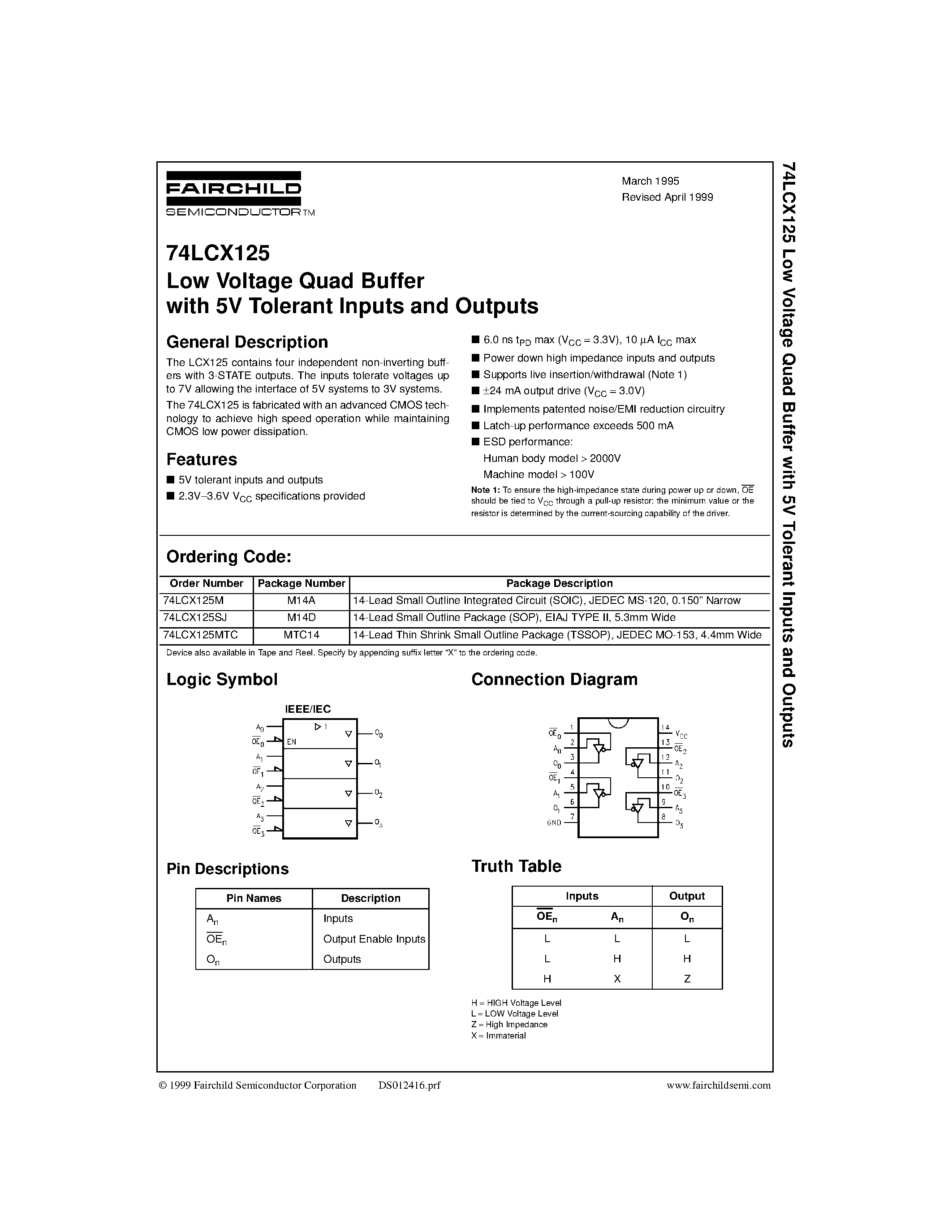 Datasheet 74LCX125M - Low Voltage Quad Buffer with 5V Tolerant Inputs and Outputs page 1