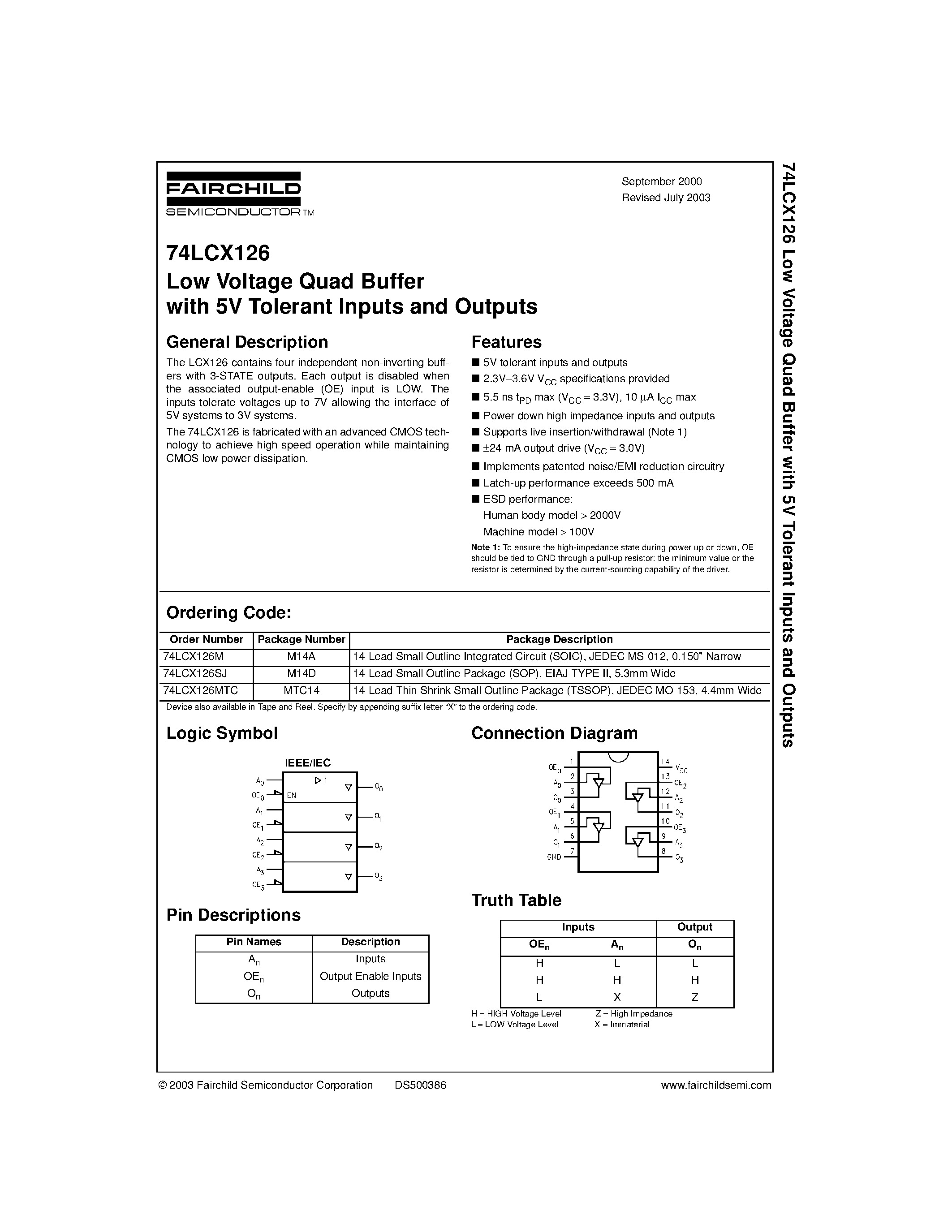 Datasheet 74LCX126MTC - Low Voltage Quad Buffer with 5V Tolerant Inputs and Outputs page 1