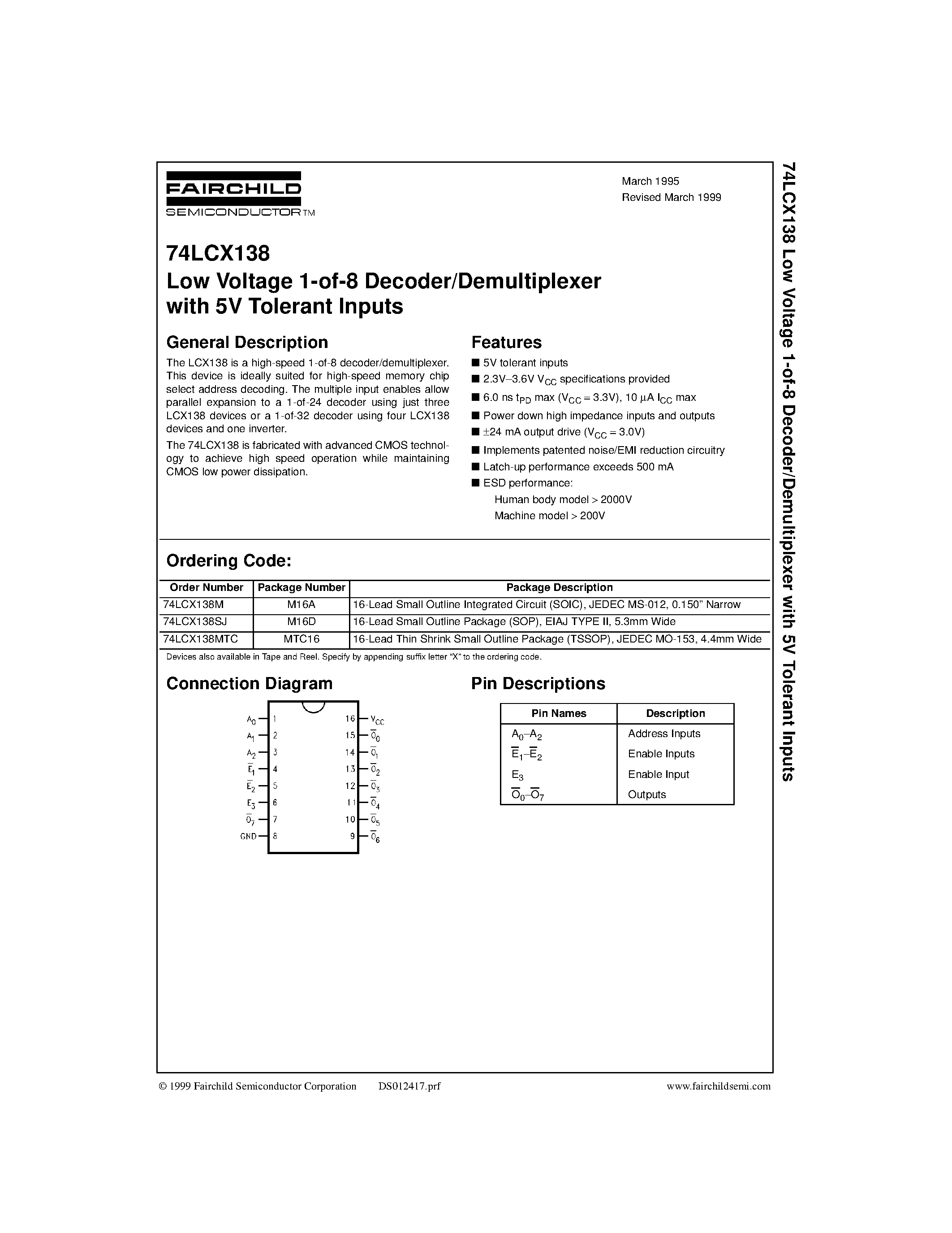 Даташит 74LCX138SJ - Low Voltage 1-of-8 Decoder/Demultiplexer with 5V Tolerant Inputs страница 1