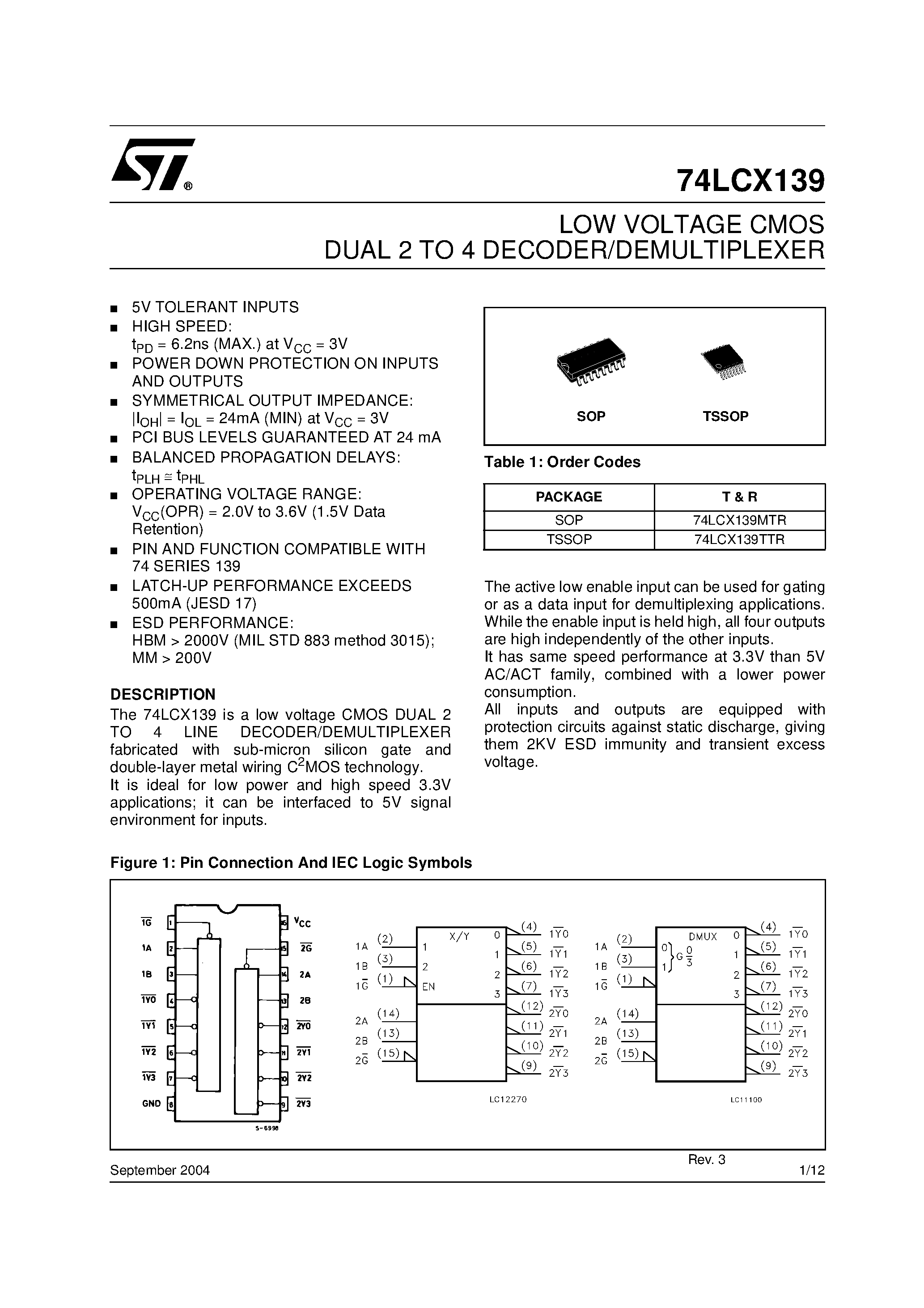 Даташит 74LCX139 - LOW VOLTAGE CMOS DUAL 2 TO 4 DECODER/DEMULTIPLEXER страница 1